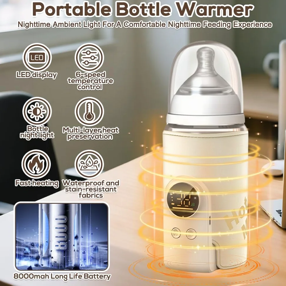 Scaldabiberon Portatile per Neonati, Scalda Biberon Neonato Portatile con Display LCD Scaldabiberon USB con 6 Temperature Regolabili Scaldo per Biberon da 8000 mAh per Viaggi, Aereo e Auto (Giallo)