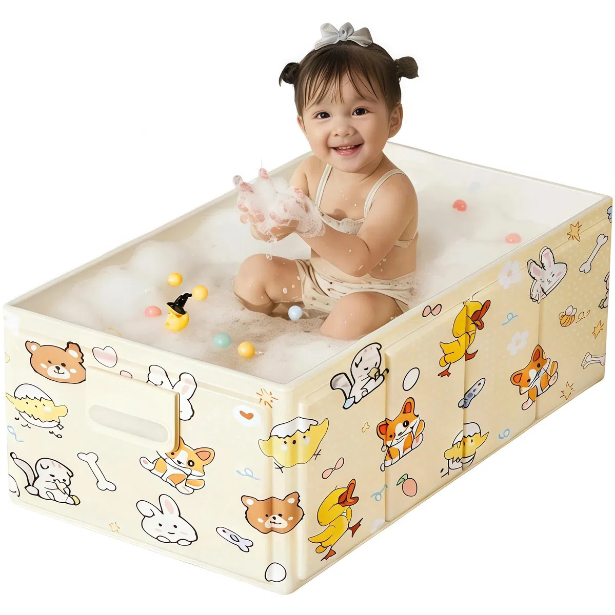Vaschetta Bagnetto Neonato Pieghevole, Vaschetta Bagno Bambino Portatile 0–3 Anni, Vasca per Neonati Salva Spazio con Motivo Animale, in PVC, per Doccia, Viaggio e Casa, Gialla