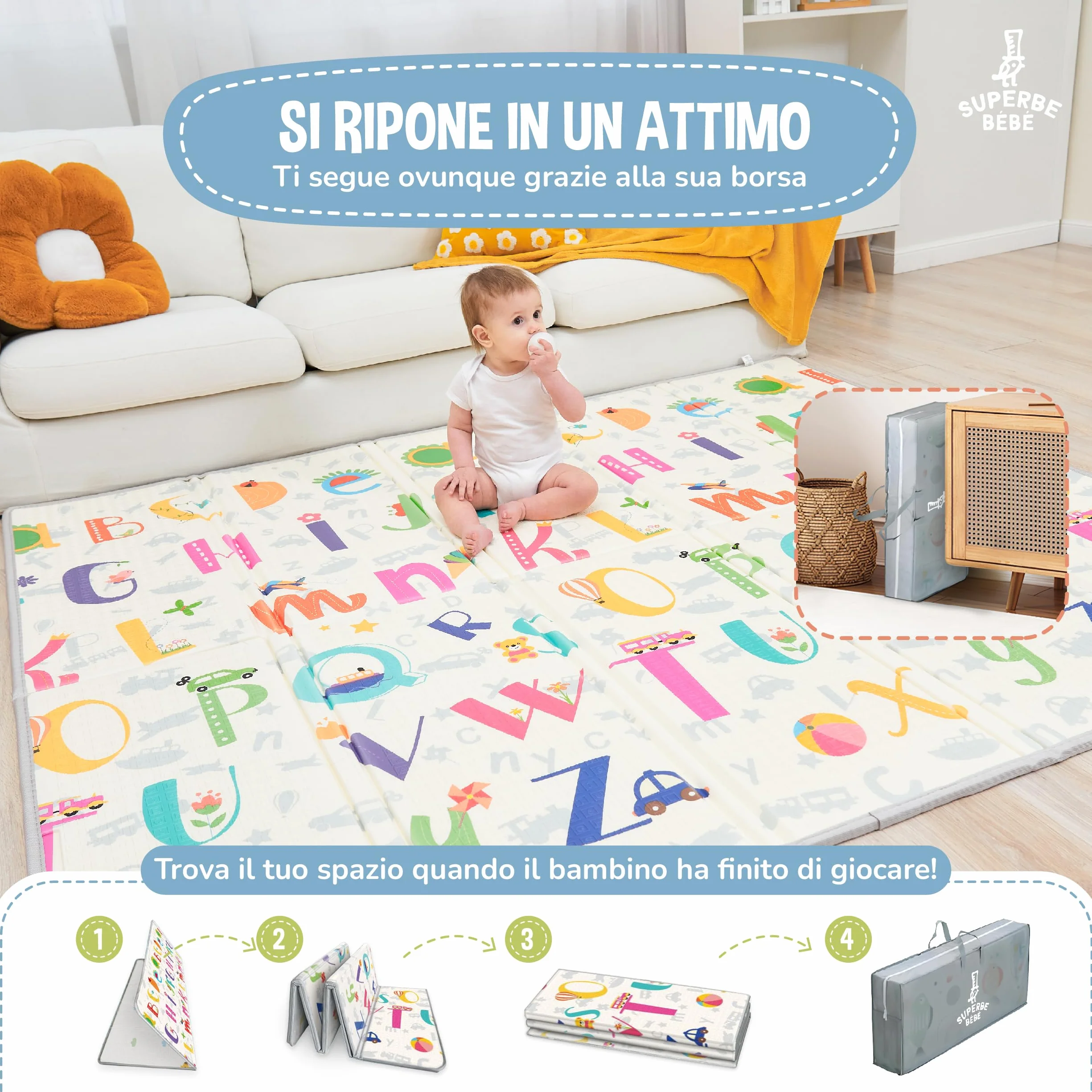 Mat Play Mat Pieghevole 180x200x1.5cm Neonato Montessori Reversibile Impermeabile