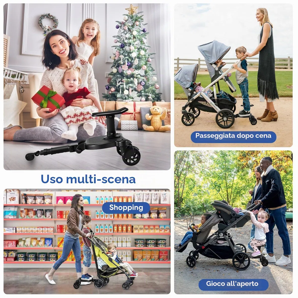 Pedana Passeggino Universale con Sedile, Tavolette per Passeggini con borsa, Design Stabile a due Ruote, con cinghia di sospensione,Accessori per Passeggini per Bambini da 2 a 6 anni,nero