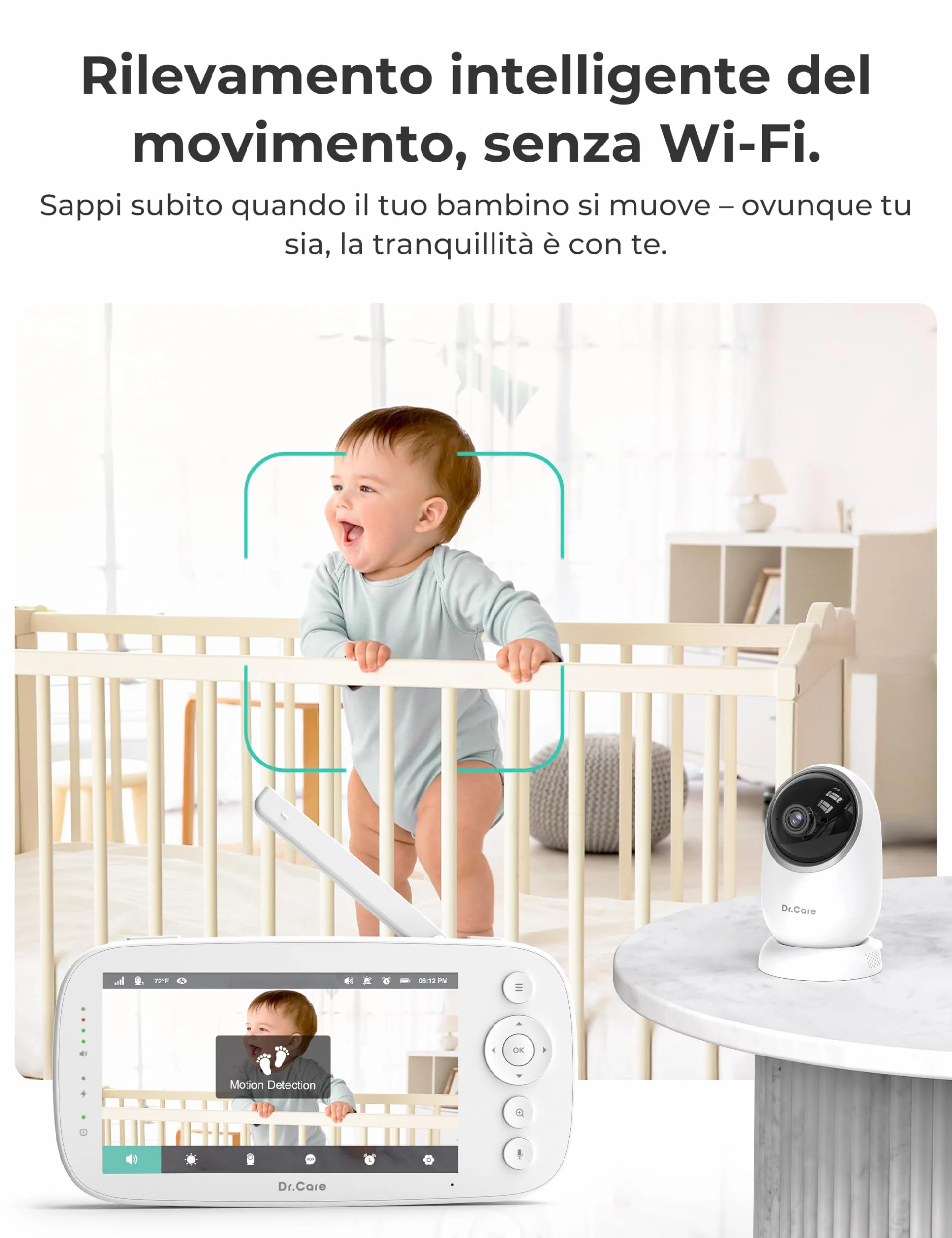 Dr.Care Baby Monitor Video e Audio – Senza WiFi a bassa radiazione, rilevamento movimenti, schermo HD 1080P da 5", visione notturna & pan-tilt, batteria lunga durata 5000mAh, VOX, audio bidirezionale