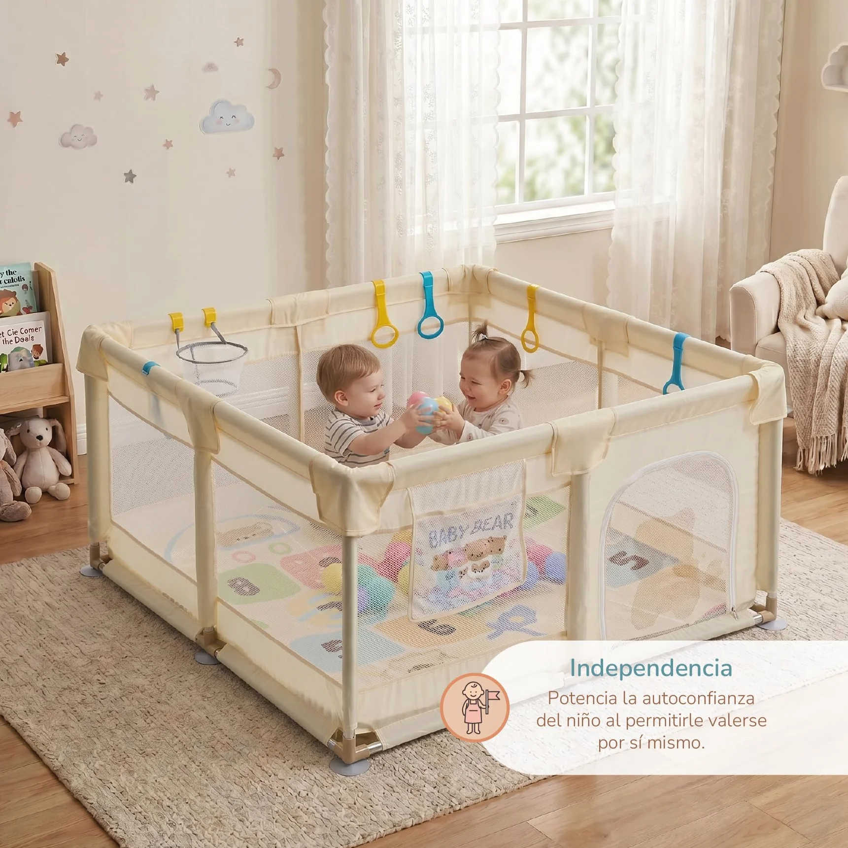 Buddy Baby Parco per bambini 120 x 120 cm pieghevole con rete traspirante e porta laterale vaniglia