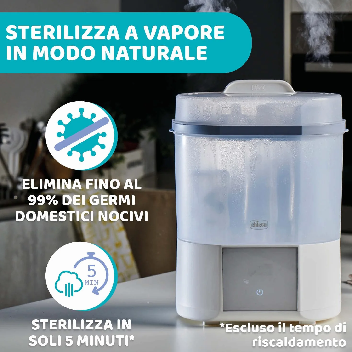 Chicco Sterilizzatore Biberon con Asciugatura, 2 Configurazioni, Fino a 6 Biberon 330 ml, Bianco