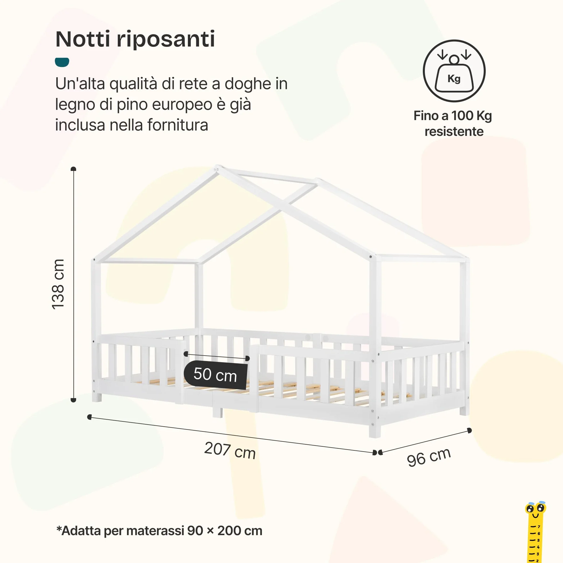 Letto a Forma di Casetta per Bambini in Legno di Pino 90x200 cm Bianco