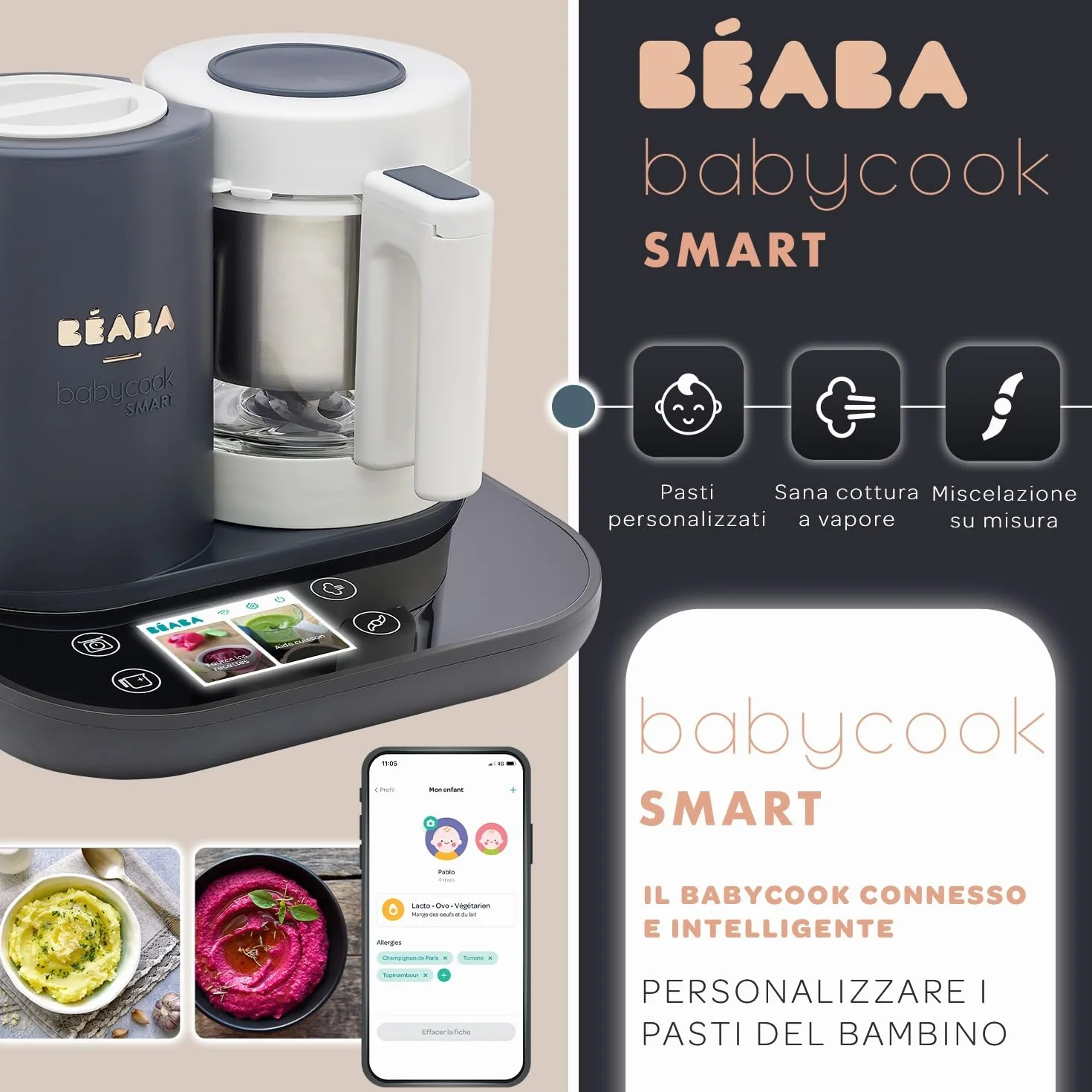 BÉABA BabycookSmart, Cuoci Pappa per Bambini, Bilancia, Ciotola in Vetro, Cestino Acciaio Inox, 2.25 L, Cottura Vapore, Schermo Tattile, Antracite