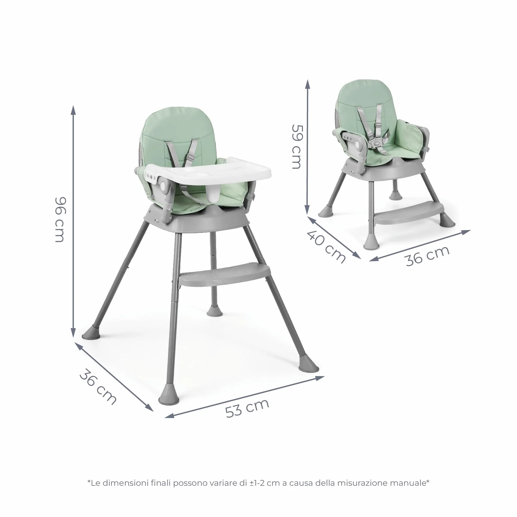 Seggiolone pappa 3 in 1 BELLY e SPOON Convertibile in rialzo e in sedia Pieghevole con seduta imbottita Portatile stabile sicuro Gambe antiscivolo Spoon Vert