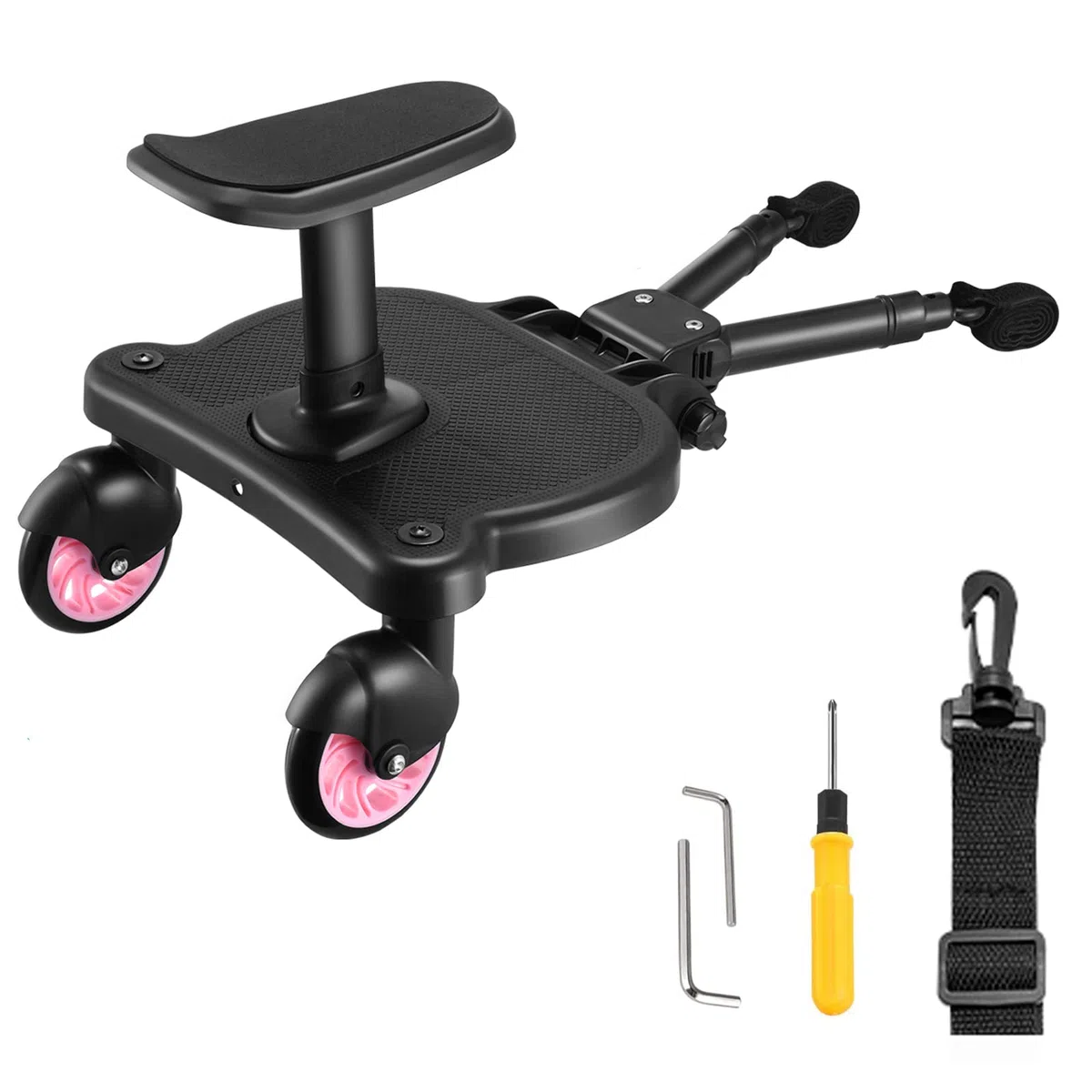 Pedana Passeggino Universale con Sedile, FNRIDS Tavolette Portatili per Passeggini, con cinghia di sospensione,Design Stabile a due Ruote, Accessori per Passeggini per Bambini da 2 a 6 anni (rosa)