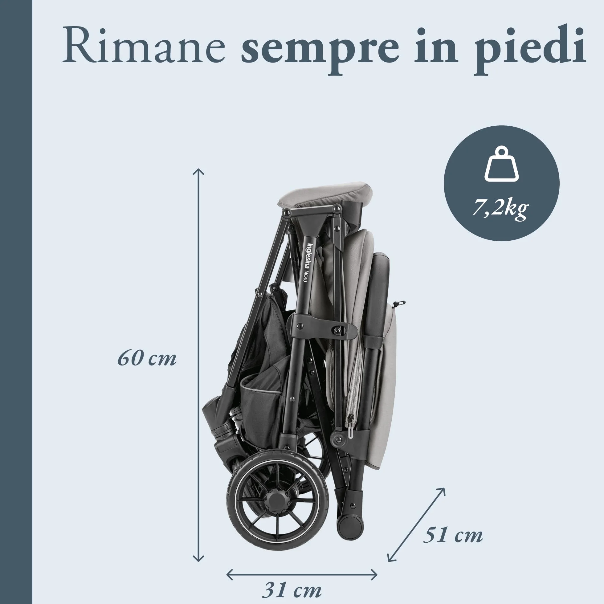 Inglesina NOW Passeggino Compatto Leggero 7,2 kg, Chiusura Automatica One Touch, Reclinabile 170°, Capotta UPF 50+, dalla Nascita fino a 22 kg, Snap Grey