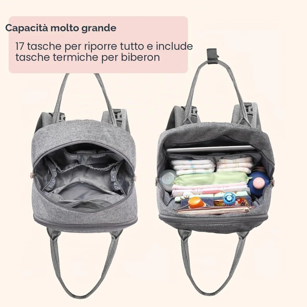 BabbleRoo Zaino per pannolini con fasciatoio, grande capacità, impermeabile, custodia ciuccio staccabile