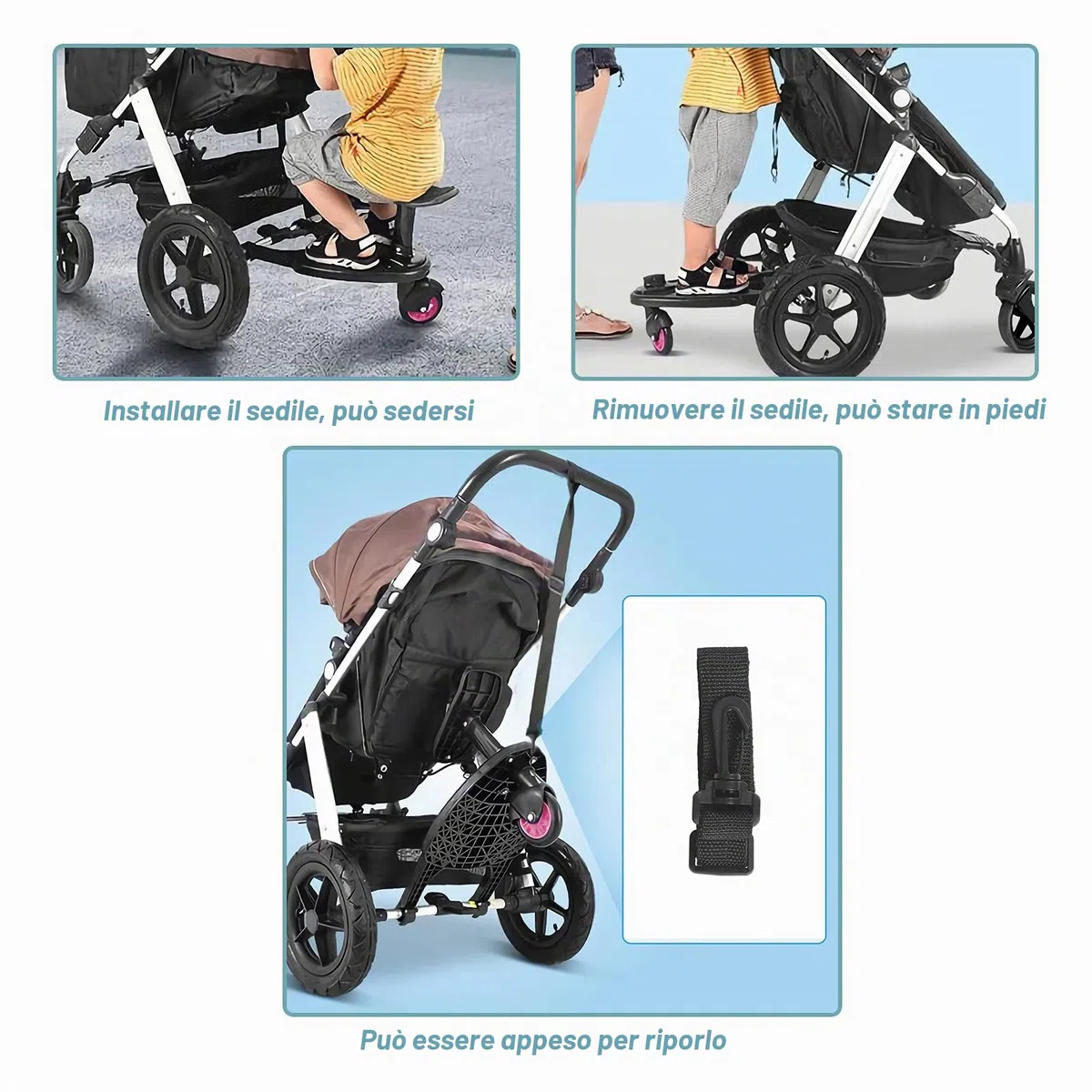 Vihir Pedana Passeggino con Sedile, Sedile Rimovibile E Assemblato Scheda, Pedana buggy board per bambini di 2-5 anni (25 kg)