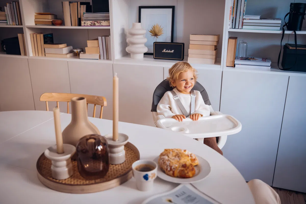 MoMi Seggiolone Pappa Evolutivo 3 in 1 - Sedia Evolutiva per Bambini da 6 a 36 Mesi - Cinture di sicurezza, Rivestimento in ecopelle, Poggiapiedi, Portabicchiere, Gioco con Ventosa - Grigio