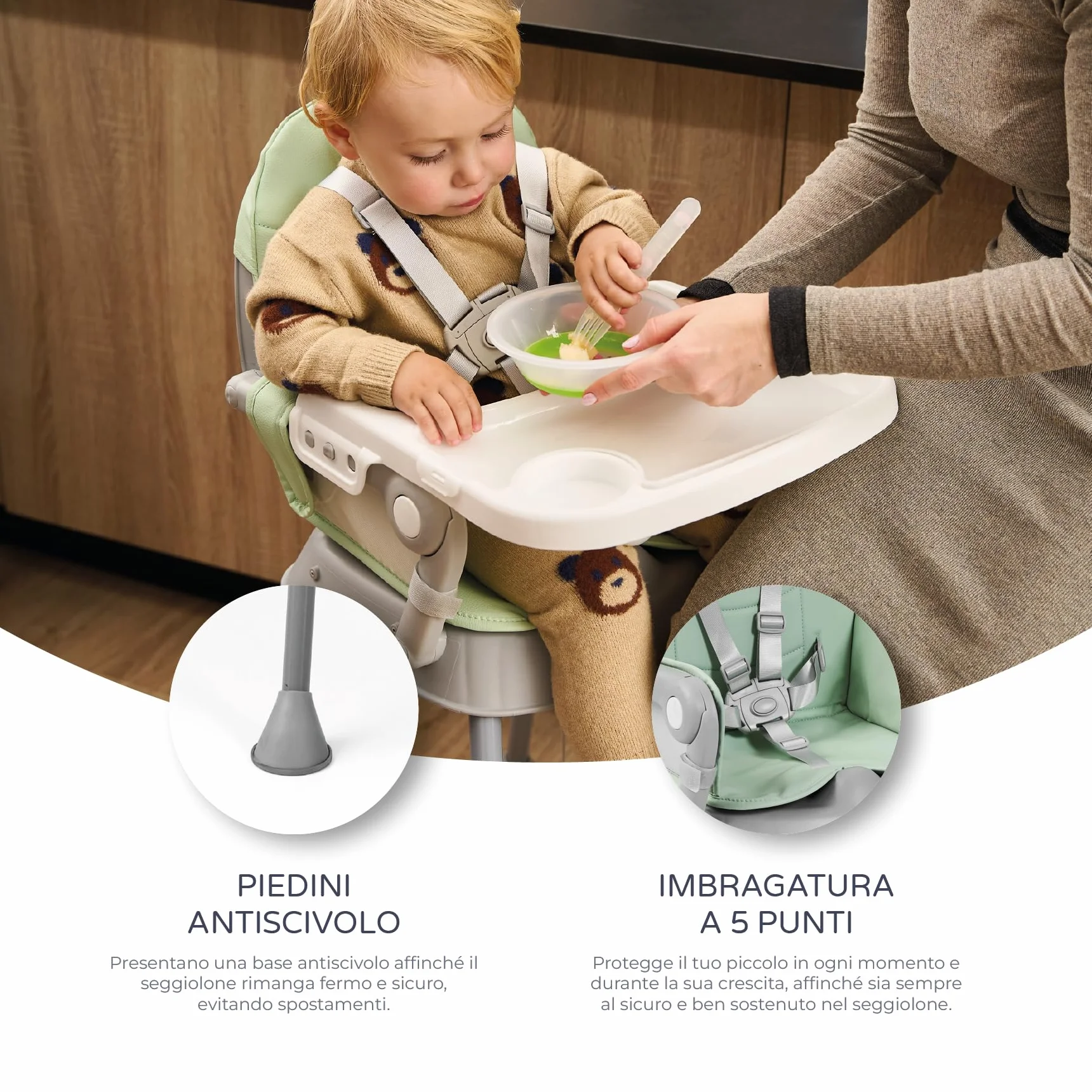 Seggiolone pappa 3 in 1 BELLY e SPOON Convertibile in rialzo e in sedia Pieghevole con seduta imbottita Portatile stabile sicuro Gambe antiscivolo Spoon Vert