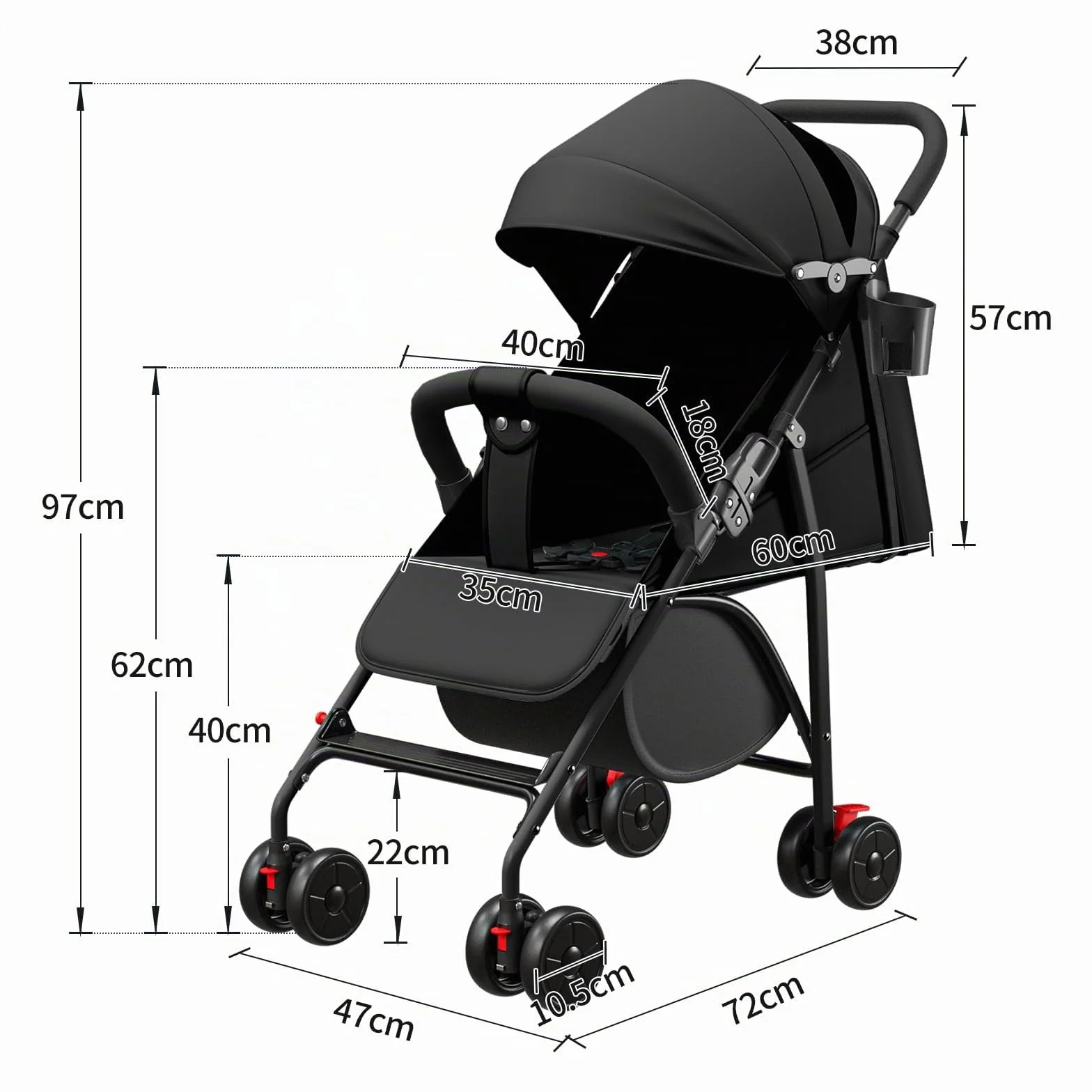 Passeggino Leggero e Compatto Pieghevole 0-4 anni 25 kg Schienale Reclinabile Piegatura Automatica 1 Passaggio Canopy C Nero