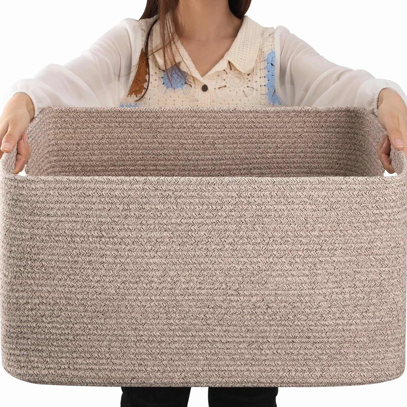 OIAHOMY, Grande cesto portaoggetti per coperte, 75 l, con manico, in corda di cotone per organizzare 55,9 x 43,2 x 30,5 cm, cestino per coperte, soggiorno, cestino per giocattoli per asilo, marrone