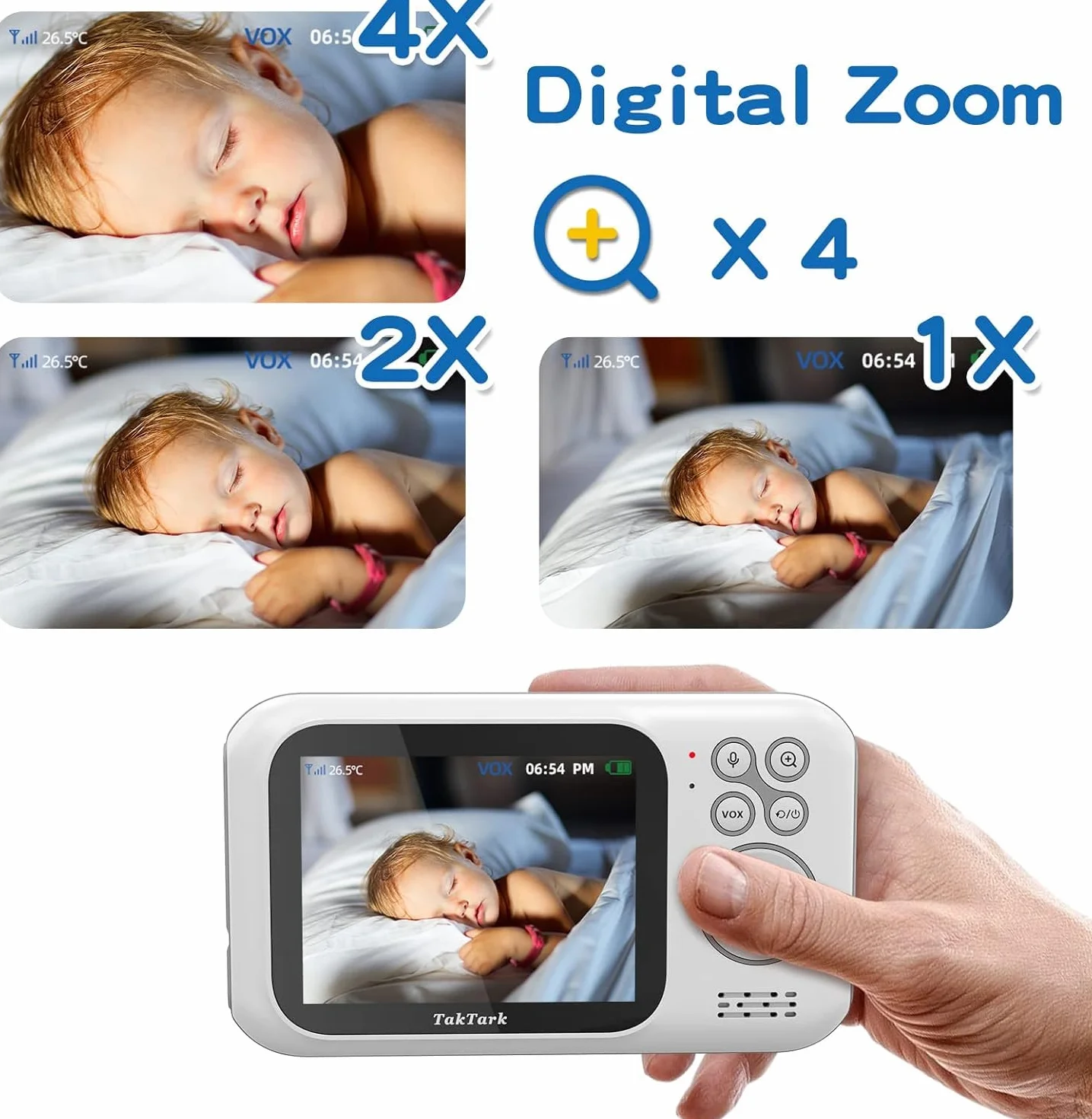 TakTark Baby Monitor Video e Audio, 3.2'' IPS 750mAh Telecamera Bambini con Monitor Video Baby Monitor Videocamera VOX, Visione notturna, Comunicazione Bidirezionale Sensore di temperatura