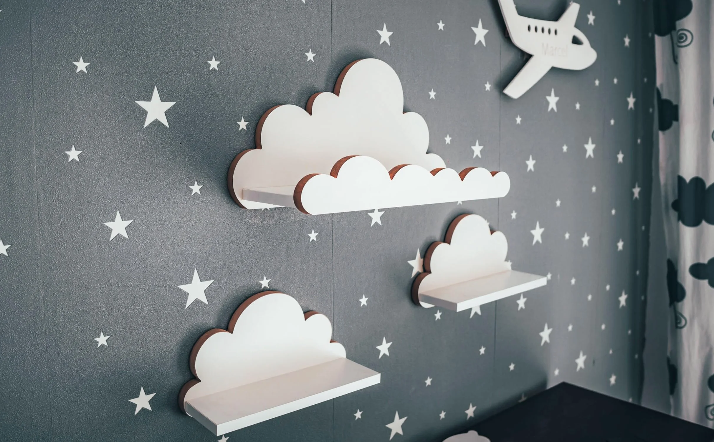 Scaffale a nuvola per cameretta bambini 3 pezzi mensola parete bianco legno stile scandinavo decorazione con kit