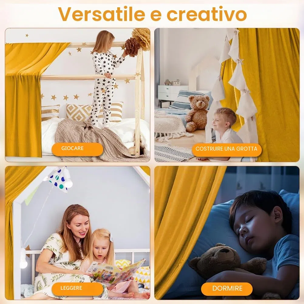 Vicloon Tenda Letto Bambini 100% Cotone, Tenda Letto Montessori per Letto Bambini, Baldacchini in Tessuto, Tenda da Letto per la casa in Mussola, 135 x 360 cm, Curcuma