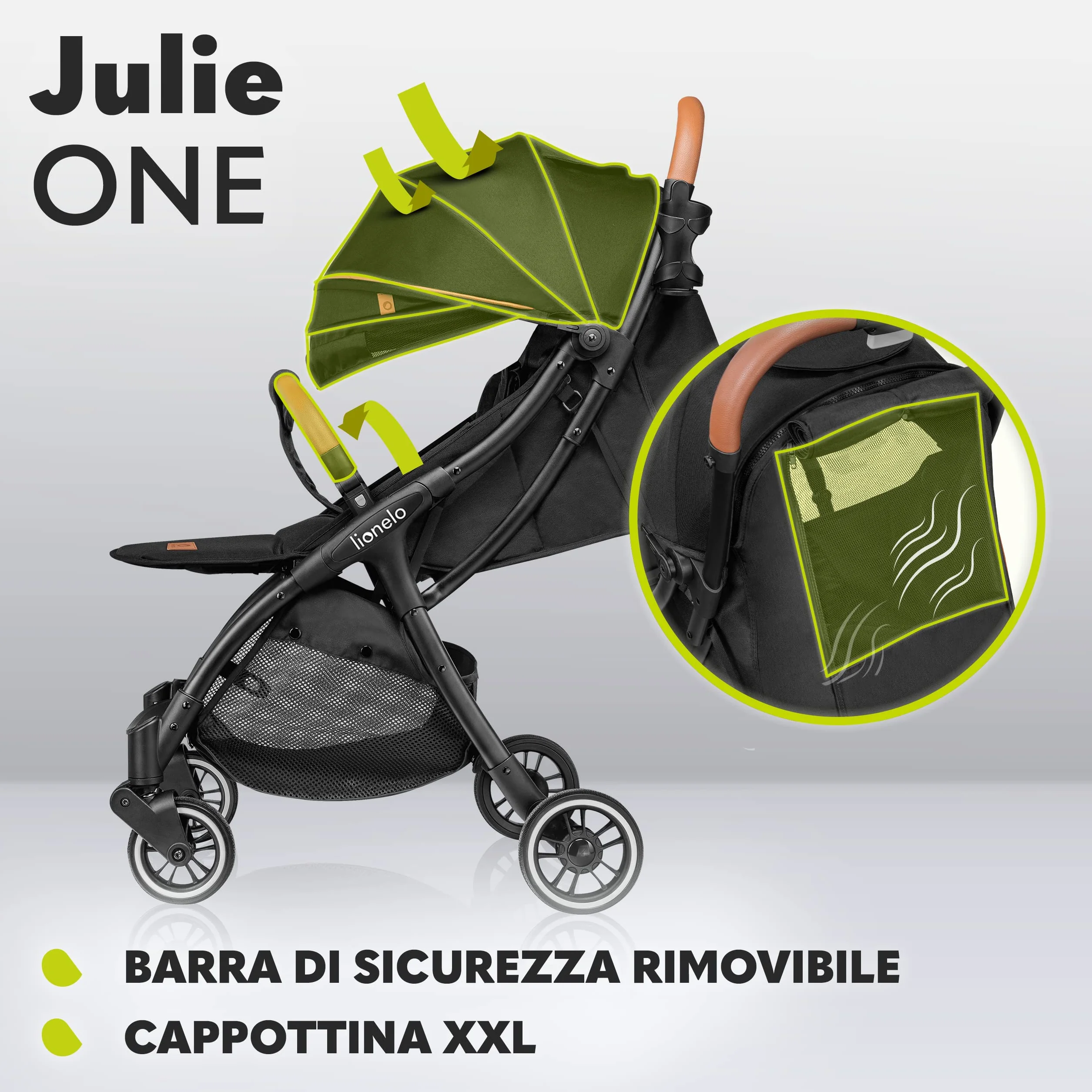 LIONELO Julie One Passeggino leggero pieghevole 0-22 kg Compatto zanzariera coprigambe portabibite borsa Poggiapiedi regolabili schienale sdraiata Nero