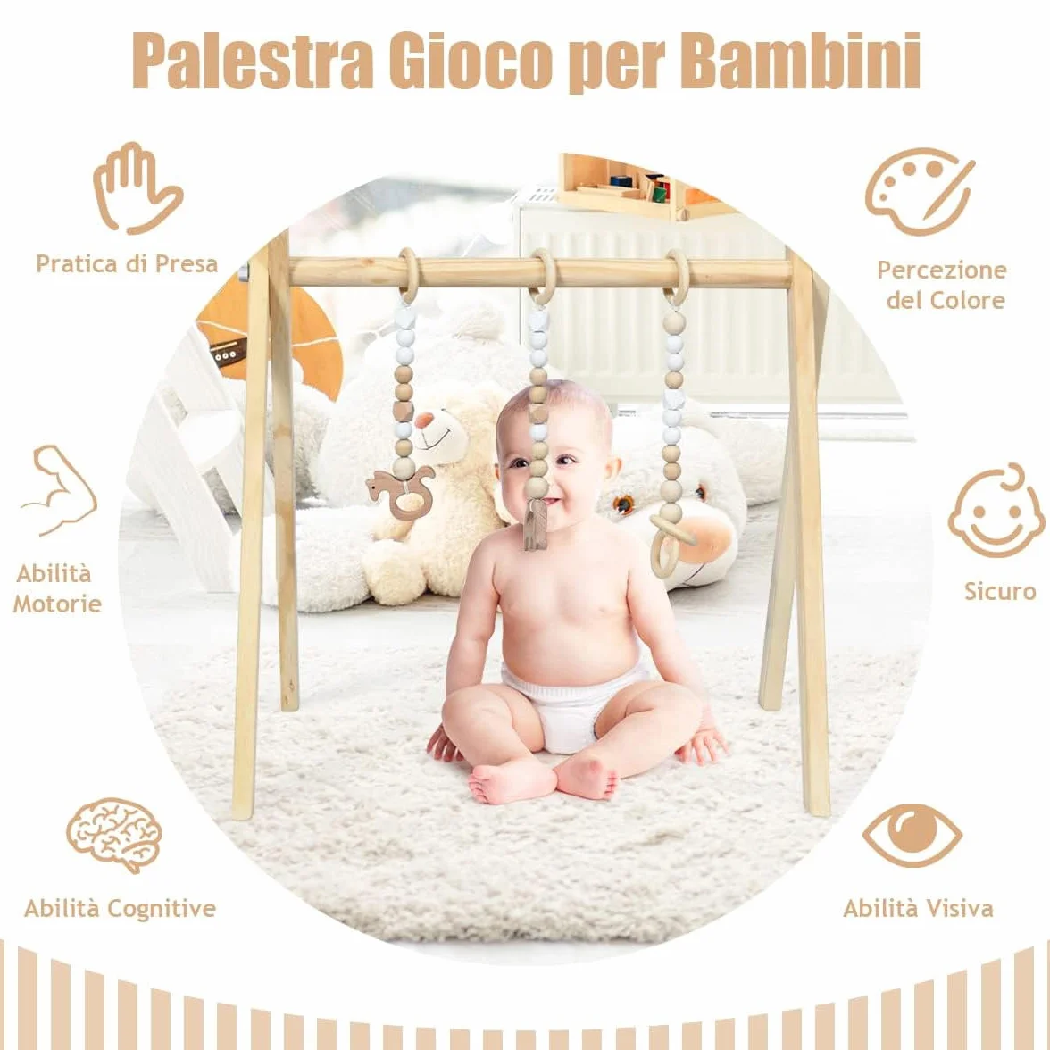 Palestrina Neonato Legno Montessori RELAX4LIFE con 3 Catene Diverse Rimovibili Baby Gym Multifunzione