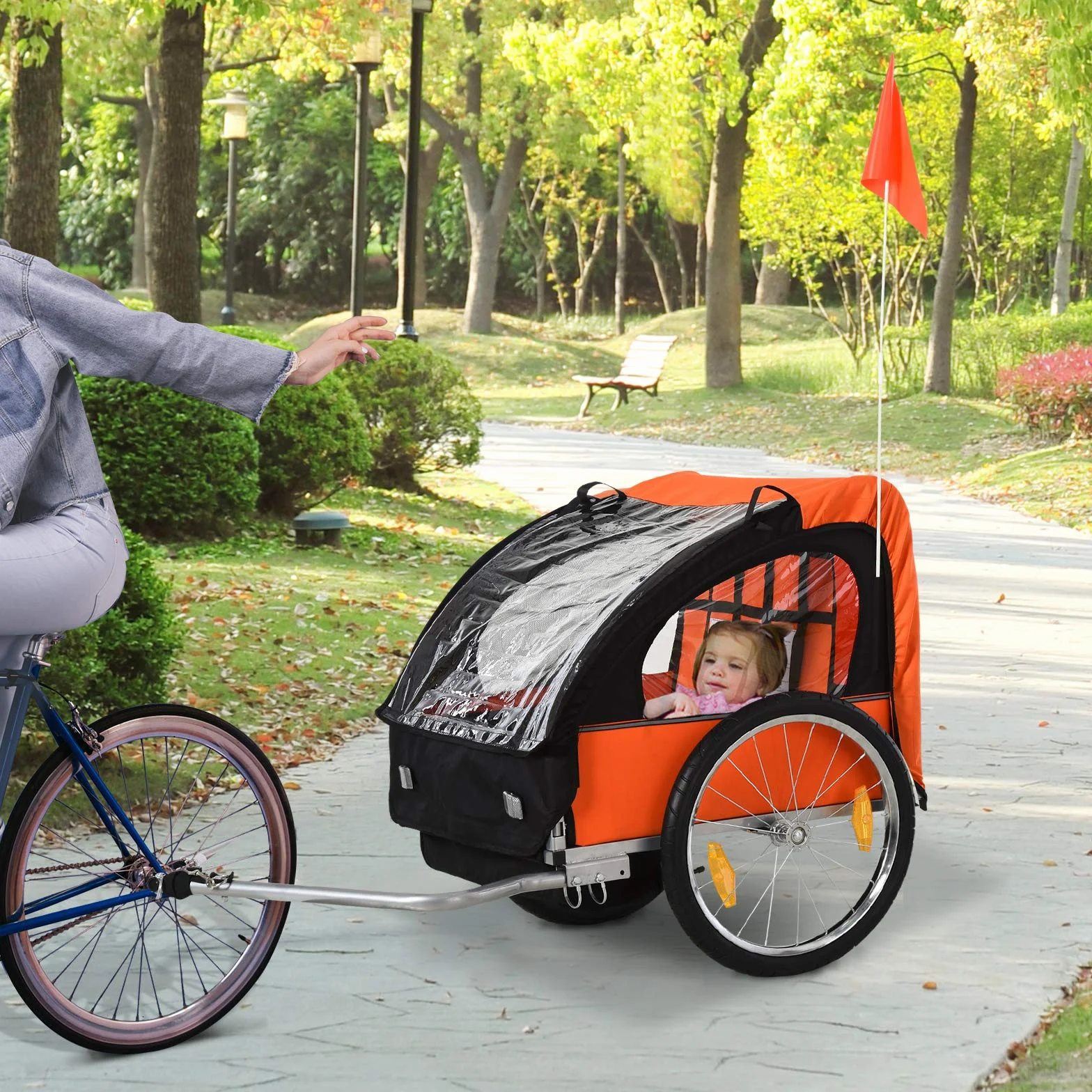 Homcom Rimorchio Bici Bambini 2 Posti con Cinture di Sicurezza Telaio Acciaio Copertura Tessuto Oxford