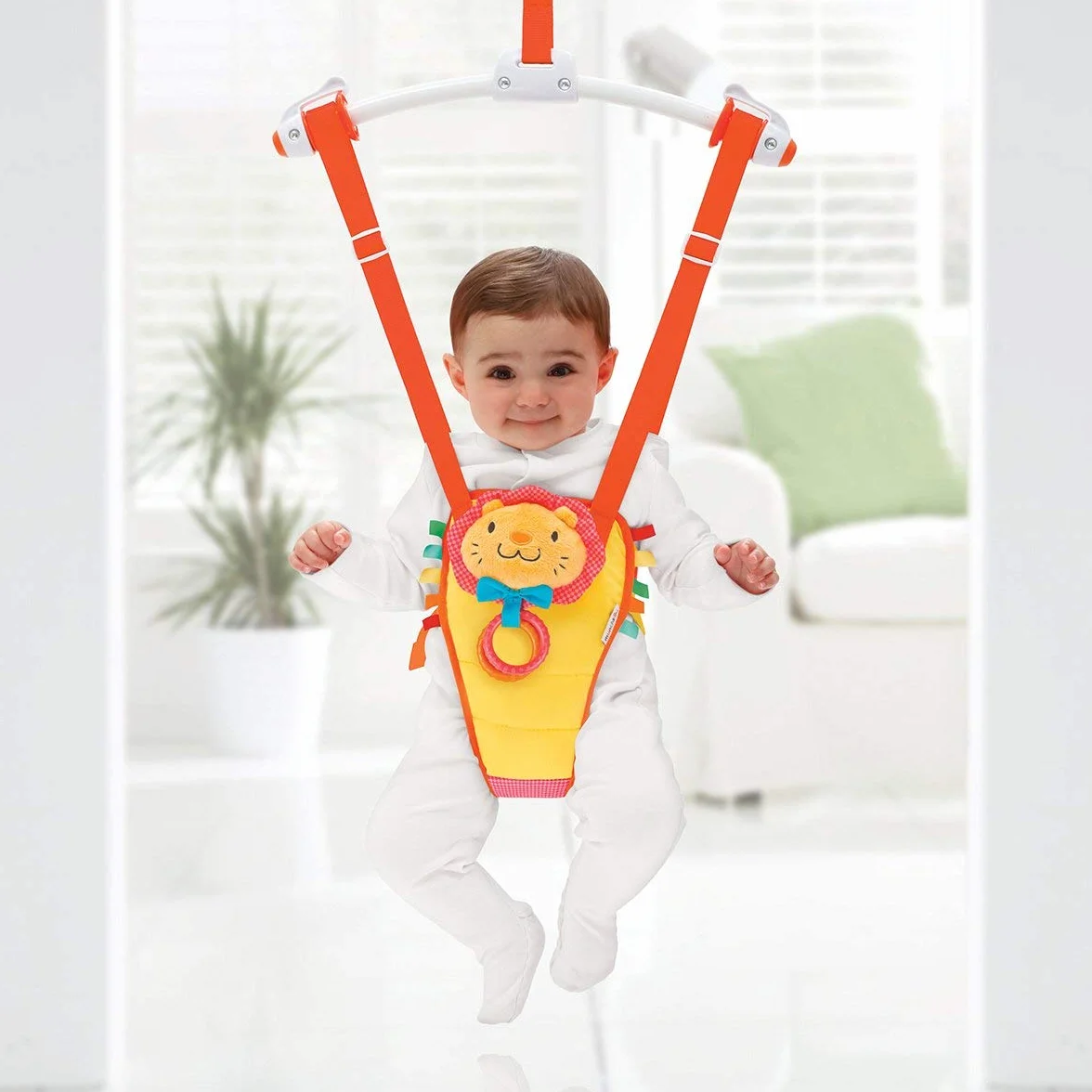 Munchkin Bounce & Play Saltatore per bebé da montare sulla cornice della porta, Altalena regolabile da porta per bambini, Seduta imbottita con anelli per dentizione e naso sonoro