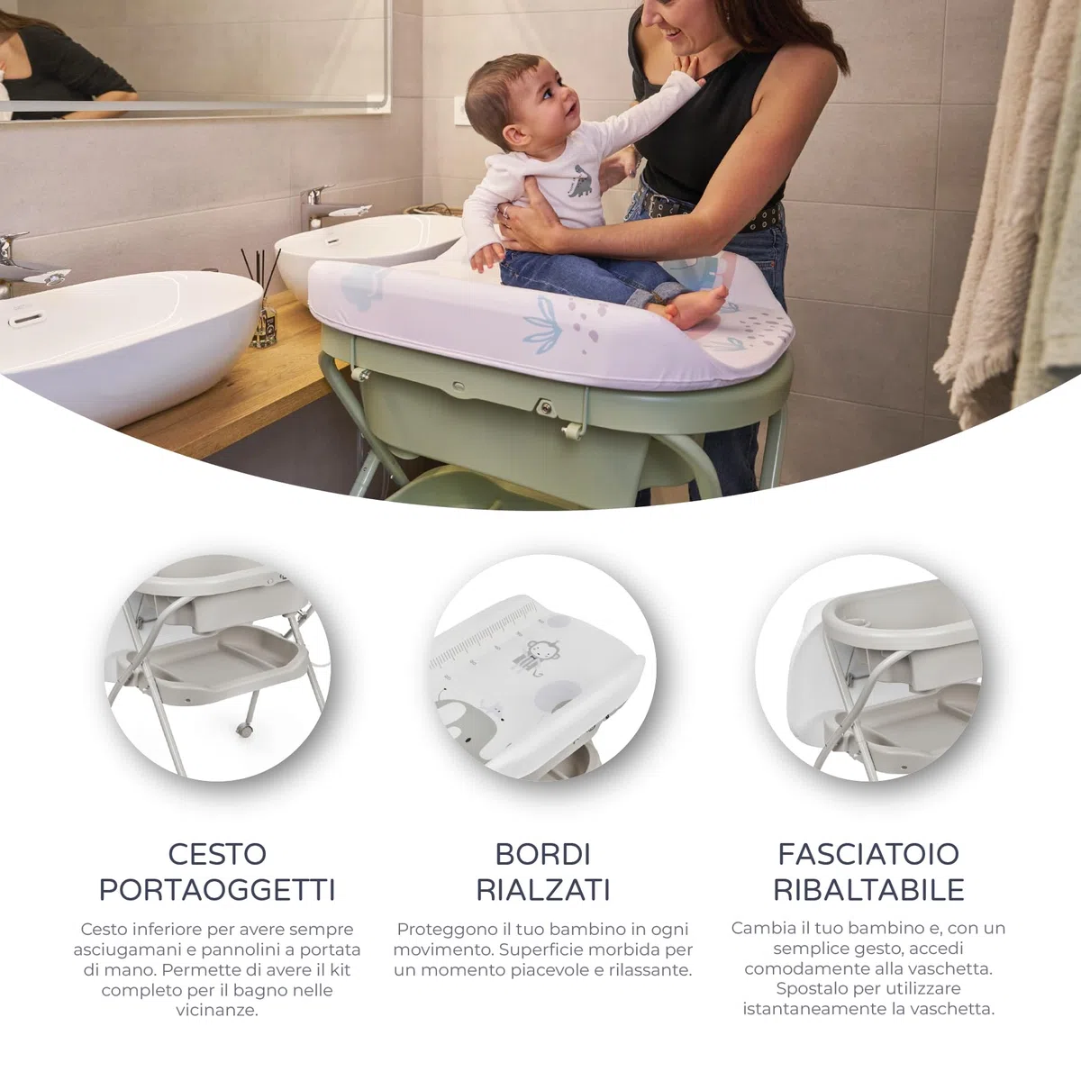 MS BabyWorld – BUBBLE + CUSCINO RIDUTTORE – Vaschetta Bagnetto Ergonomica con Supporto | Fasciatoio Impermeabile Imbottito | Chiusura Compatta | Organizzatore | 4 Ruote con Freni
