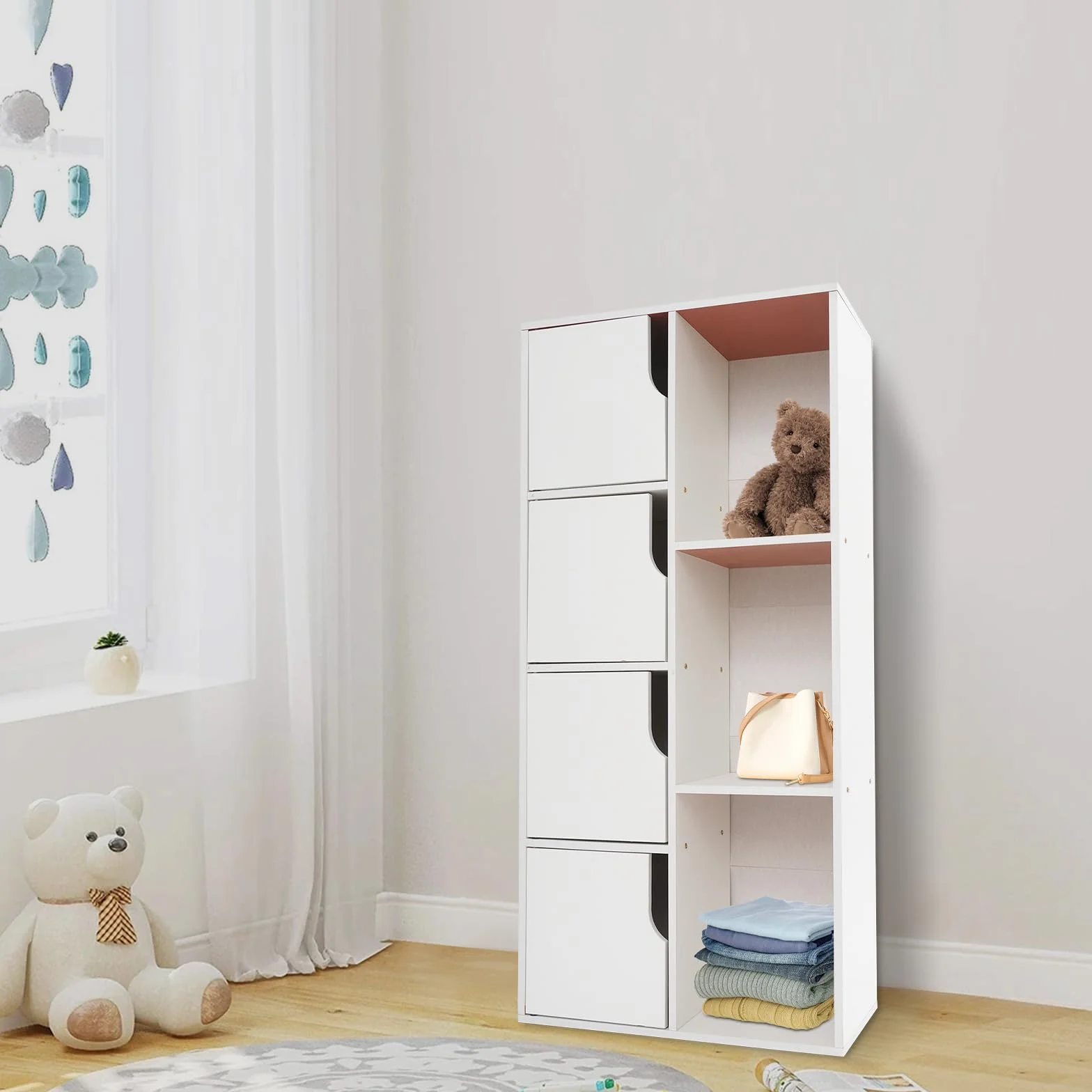 Armadio a Colonna Bianco Stretto 50x24x105 cm 7 Scompartimenti per Conservazione Soggiorno Camera da Letto