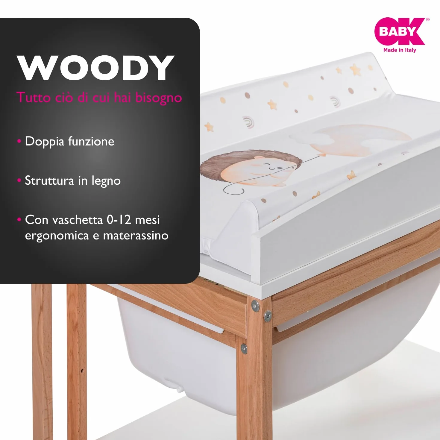 OKBABY Woody - Fasciatoio in Legno con Vaschetta Ergonomica e Ruote, Completo di Materassino Soffice per il Cambio del Neonato - 0-12 Mesi (11kg) - Bianco