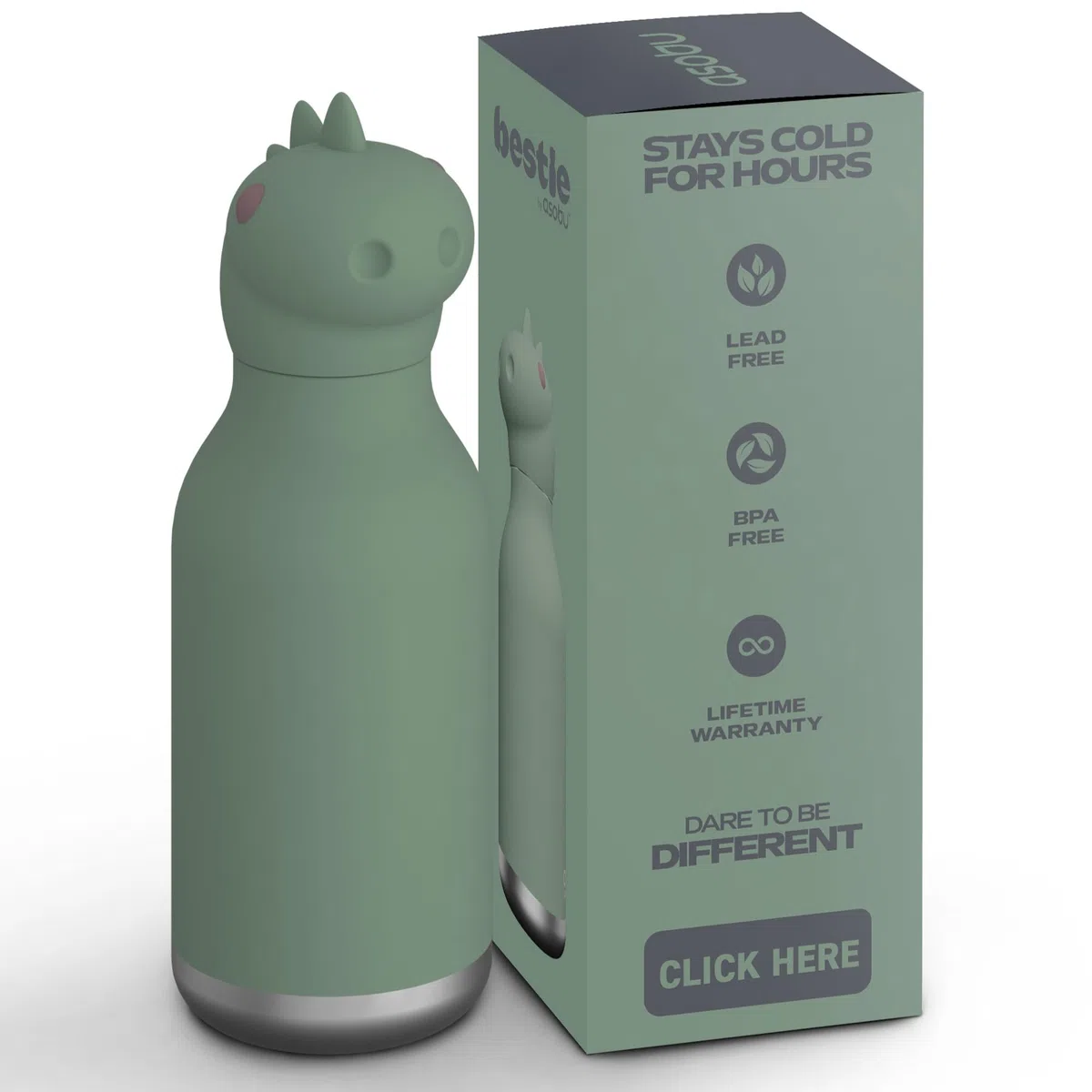 asobu Bestie Borraccia termica in acciaio inox, con testa a forma di animale morbido, rimovibile, per bambini e ragazzi, con cannuccia flessibile, riutilizzabile, da 473,6 g (dinosauro)