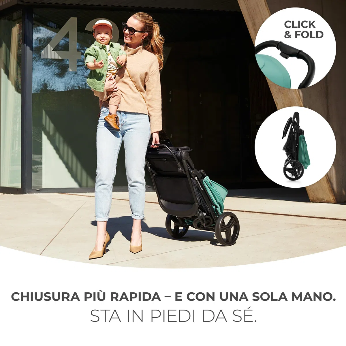 Kinderkraft RINE Passeggino leggero fino 22 kg, Chiusura con una mano, Capotta impermeabile con filtro UPF50+, Barra di sicurezza girevole, Portabicchiere, Verde