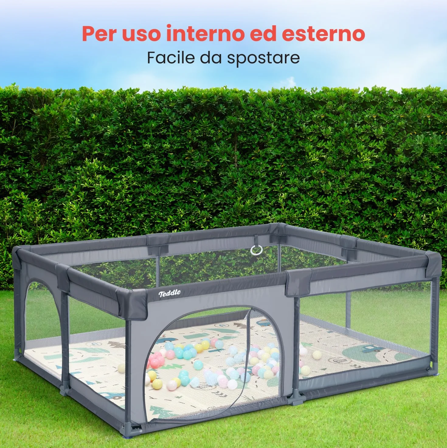 Box Bambini – Incluso Tappeto da Gioco Double-Face - Recinto per Bambini con 50 Palline – 180 x 150 cm – Box Neonato Per Uso Interno ed Esterno – Box per Bambini (Grigio, 180x150cm)