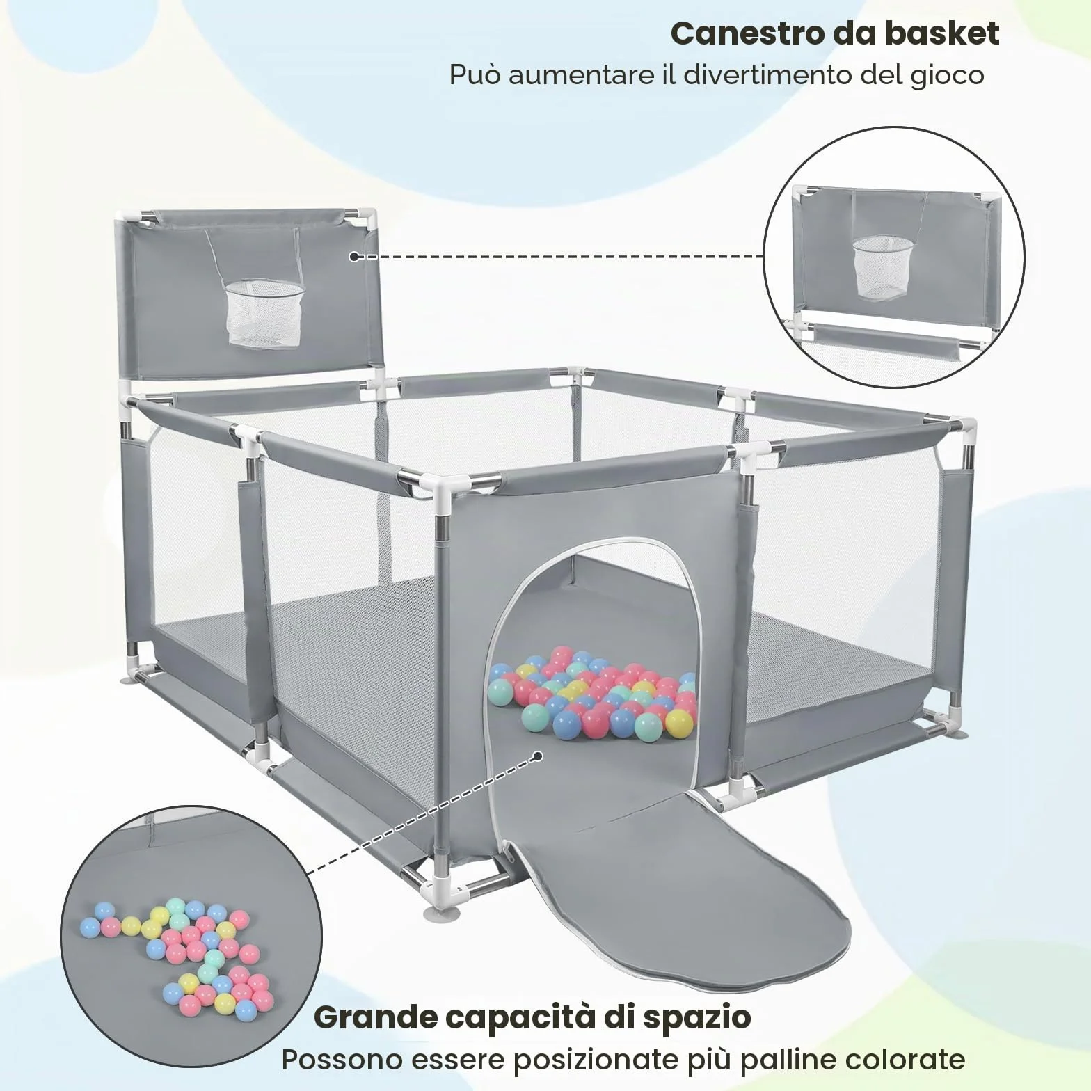 Box per Bambini, Recinto per Bambini Pieghevole in Tessuto Oxford con Rete Traspirante, Box per Neonati con Giochi che Include 50 Palline (126 x 126 x 66 cm, grigio scuro)