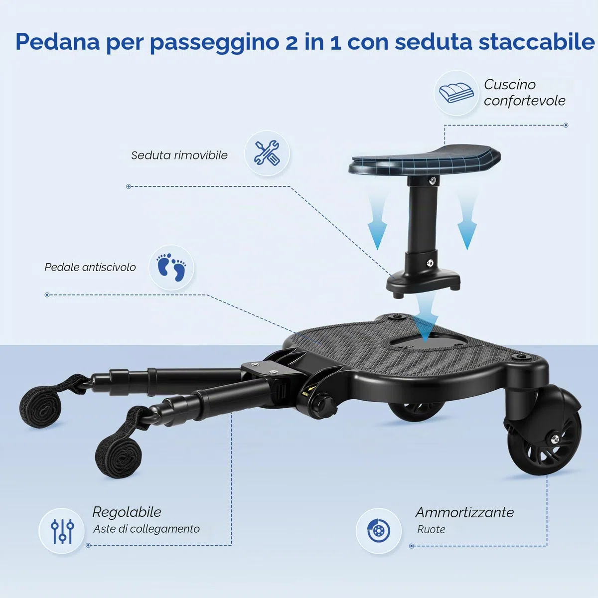 Pedana Passeggino Universale con Sedile, Tavolette per Passeggini con borsa, Design Stabile a due Ruote, con cinghia di sospensione,Accessori per Passeggini per Bambini da 2 a 6 anni,nero