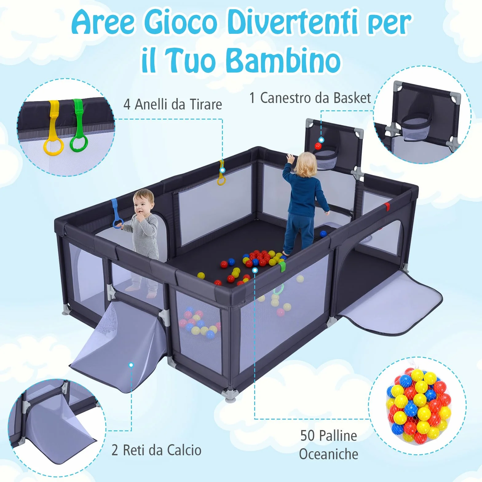 COSTWAY Box Neonati 210x150 cm Recinto Bambini Pieghevole con Canestro Basket 2 Porte Calcio Parco Giochi 50 Palline 4 Anelli Borsa Trasporto Grigio Scuro