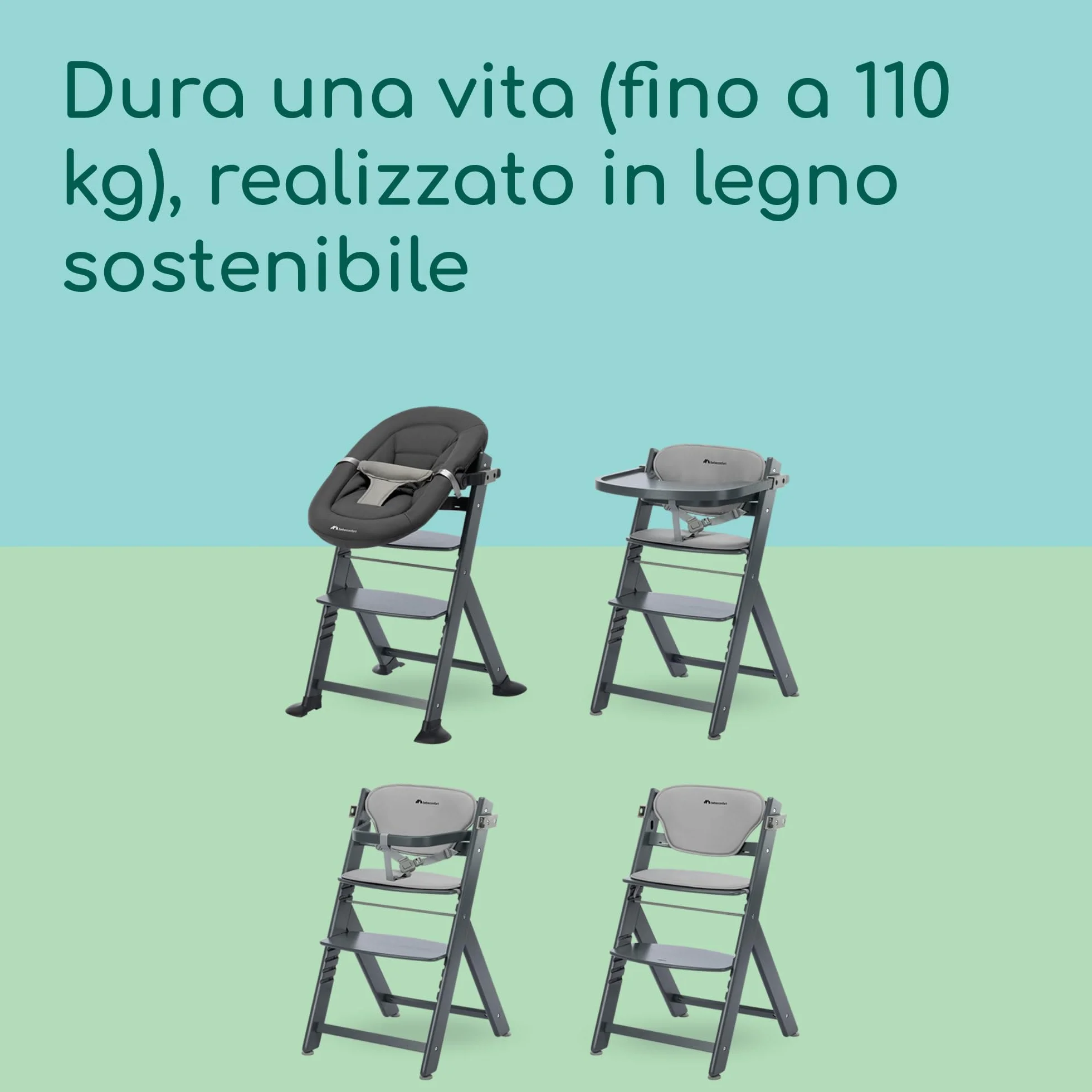 Bebeconfort Timba 2 Seggiolone Pappa Evolutivo in Legno, 6+ Mesi, Fino a 110 kg, Regolabile in Altezza, Grey Mist