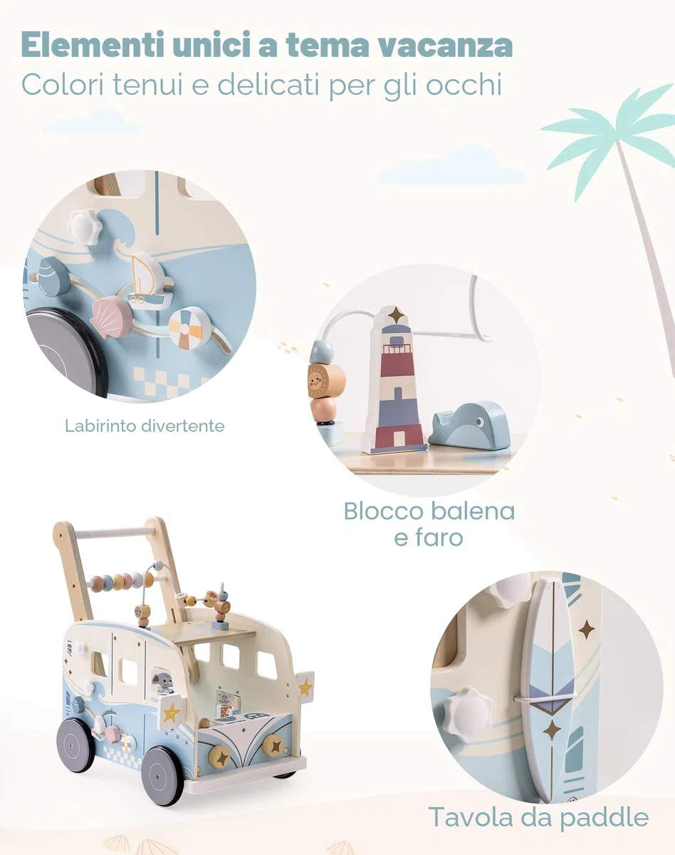 Robud Girello multifunzione in legno per bambini, con ruote e mattoncini, giocattolo primi passi con molteplici attività, da 10 mesi a 1-2 anni