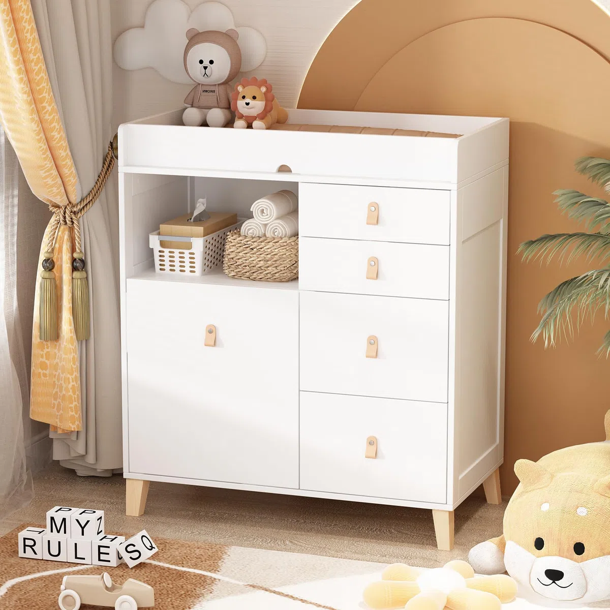 Cassettiera con fasciatoio, fasciatoio, con 5 cassetti, con protezione antiribaltamento, fasciatoio, fasciatoio con 5 cassetti, fasciatoio con molti cassetti, MDF, bianco, 116 x 46 x 96 cm