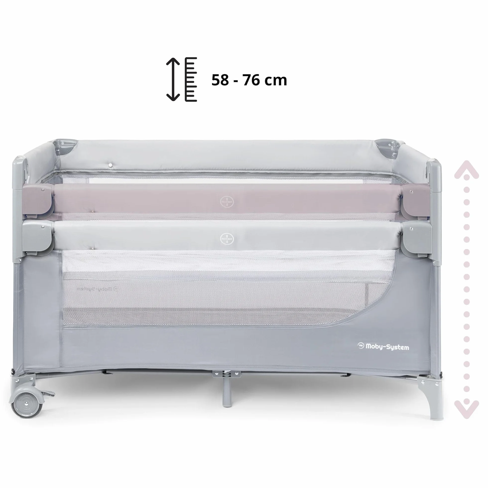 Moby-System Lettino da Viaggio 3 in 1 Box Bambini Recinto Neonati Fasciatoio Materasso Ruote Letto Pieghevole Regolabile 126x66cm Borsa Trasporto