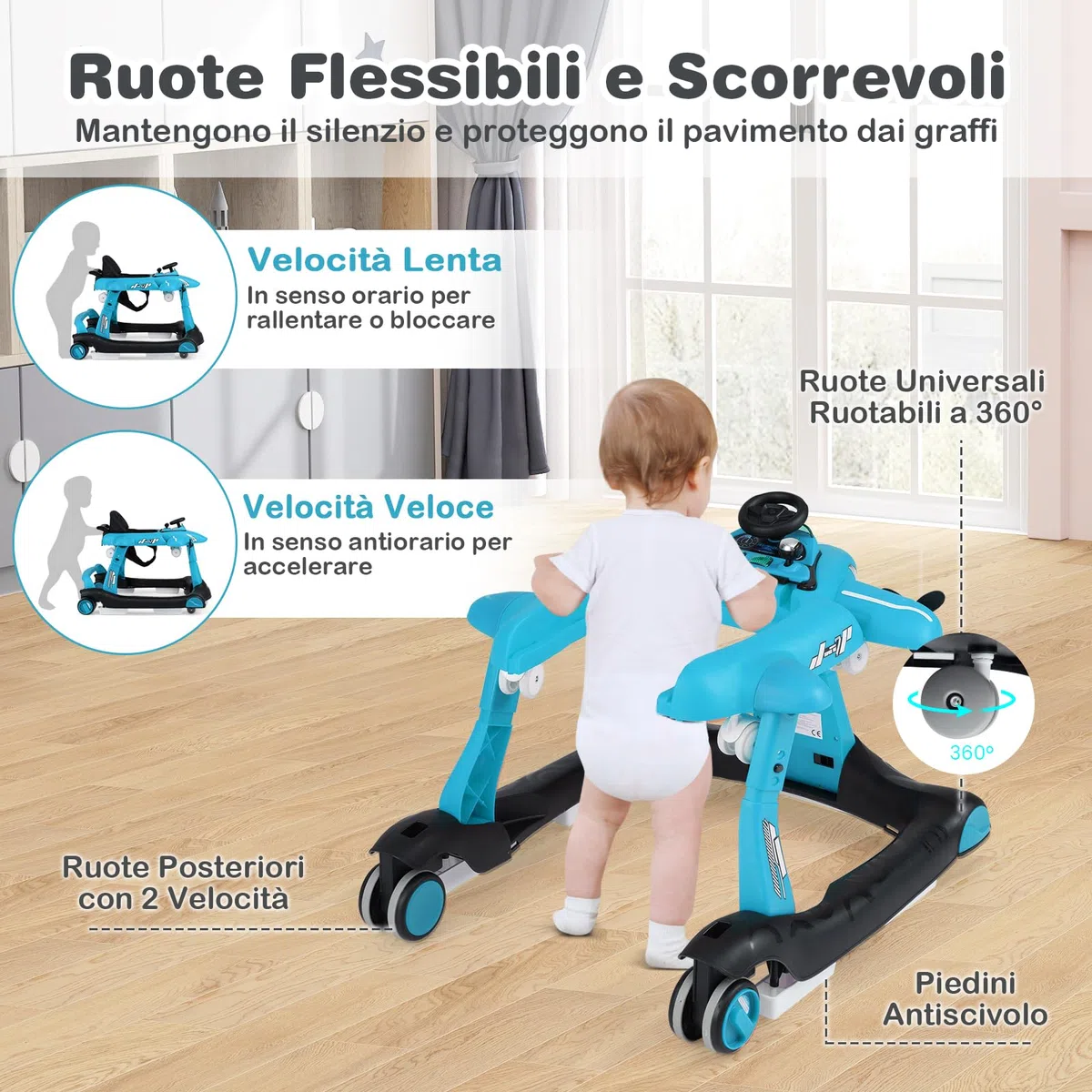 COSTWAY 6 in 1 Girello per Bambini, Girello Pieghevole con Altezza e Velocità Regolabili a 3 Livelli, Vassoio, Musica, Ruote, Luci, Giocattoli Evolutivi per Bambini 6-18 Mesi (Blu)