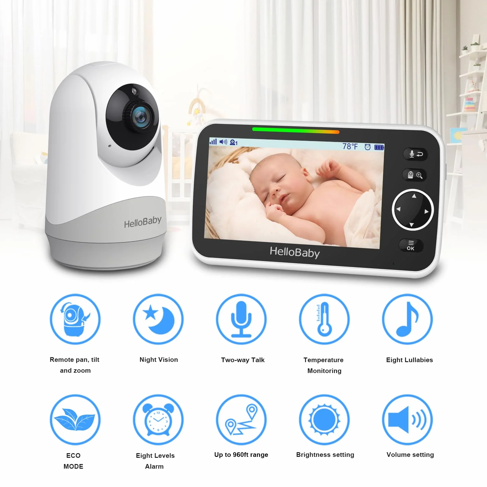 HelloBaby Monitor con fotocamera e audio, schermo 5'', batteria 3500 mAh, Pan-Tilt-Zoom, conversazione bidirezionale, ECO, visione notturna