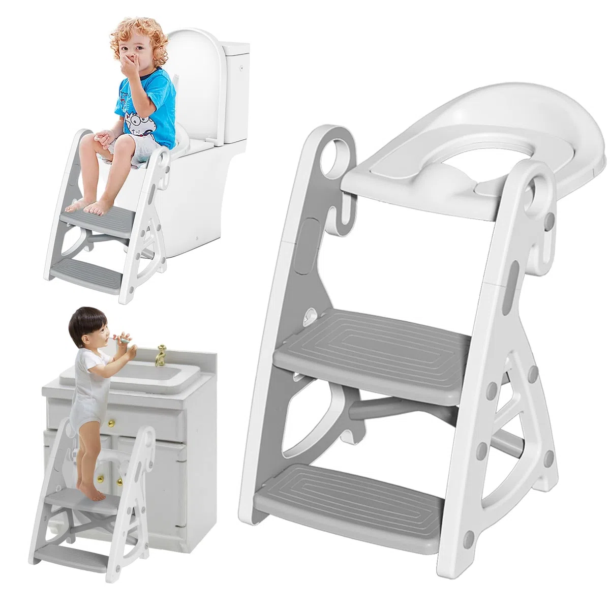 Withosent Riduttore WC Bambini con Scaletta, Altezza Regolabile Scaletta WC con PU Imbottita, Pieghevole 2-in-1 Scaletta Bambini, Riduttore Water con Pedana Antiscivolo per Ragazzi, Ragazze