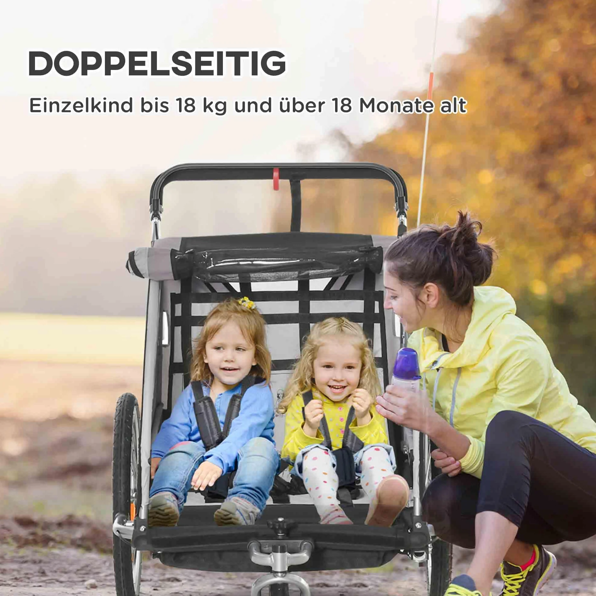 HOMCOM 2 in 1 Kinderfahrradanhänger mit Mesh-Tür, 360° Drehbares Vorderrad, Buggy mit Bremse, 142 x 75 x 101 cm