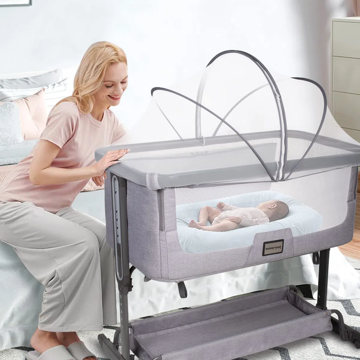 Beberoad Zanzariere per Culla Fianco Letto/Lettino Co-Sleeping/Culletta portatile neonato, Protezione Insetti per Neonati/Bambini,Facile Da Montare(Bianco,96X55cm)