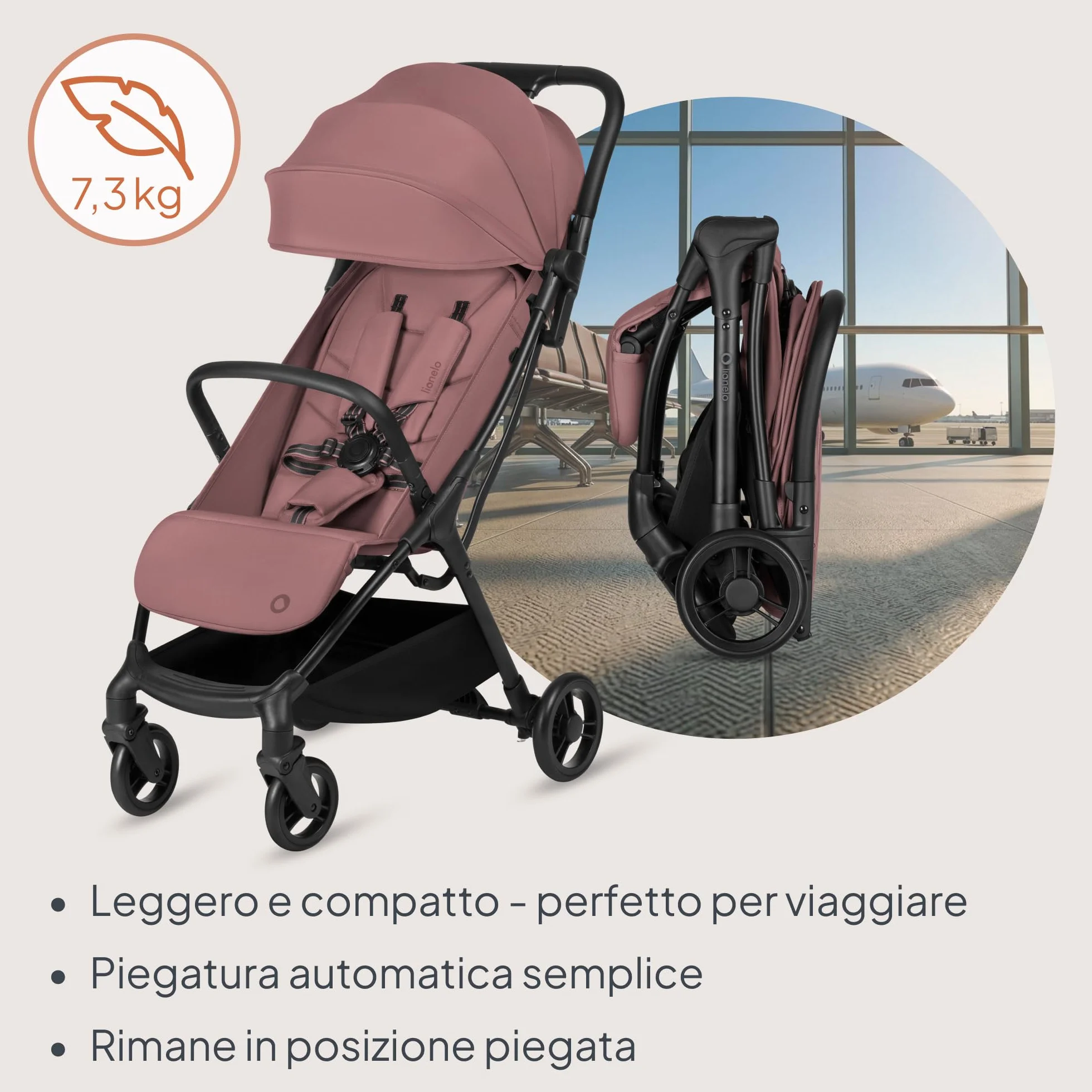 Lionelo AGIA Passeggino Compatto Leggero 22 kg Pieghevole una Mano Posizione Distesa Seduta Ampia