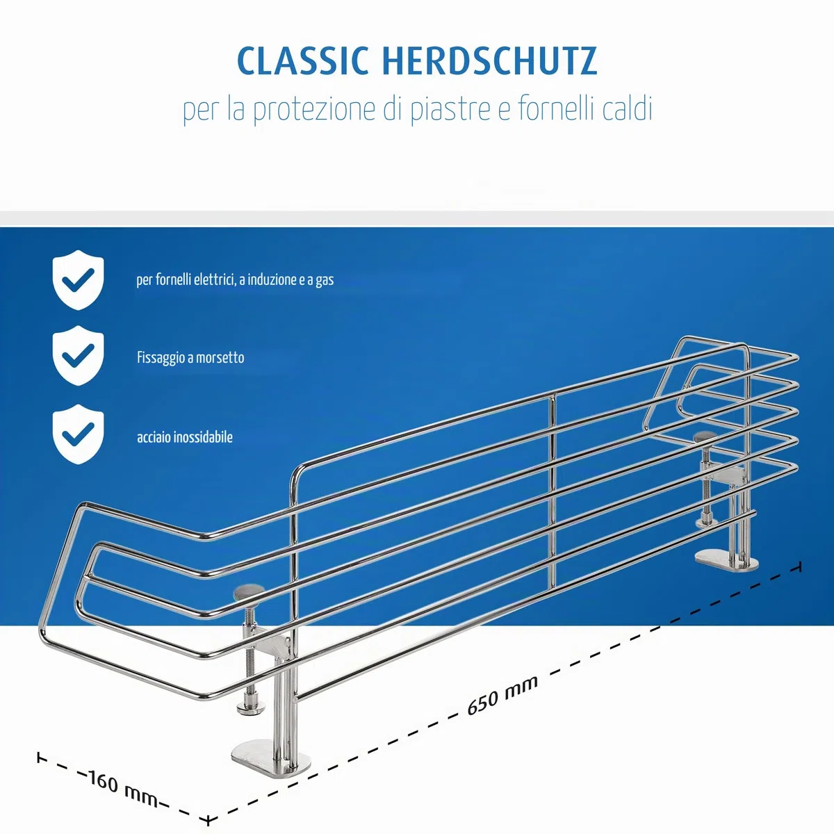 Reer Griglia di protezione per piano cottura Classic da morsetto, in acciaio inox, extra sicura, adatta per il 99% di tutte le cucine, argento