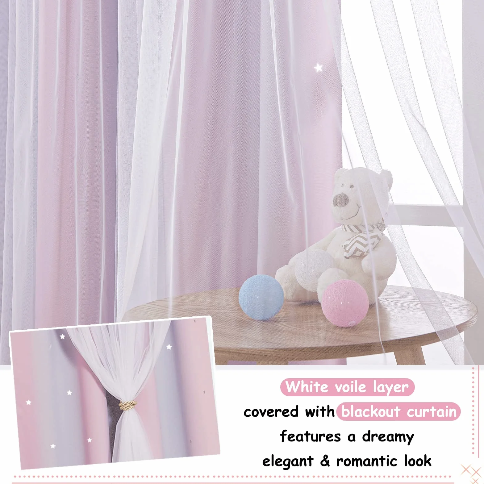 NICETOWN Tende Oscuranti per Camera da Letto Doppio Velo con Stelle Vuote 2 Pezzi 132x280 cm Rosa Viola