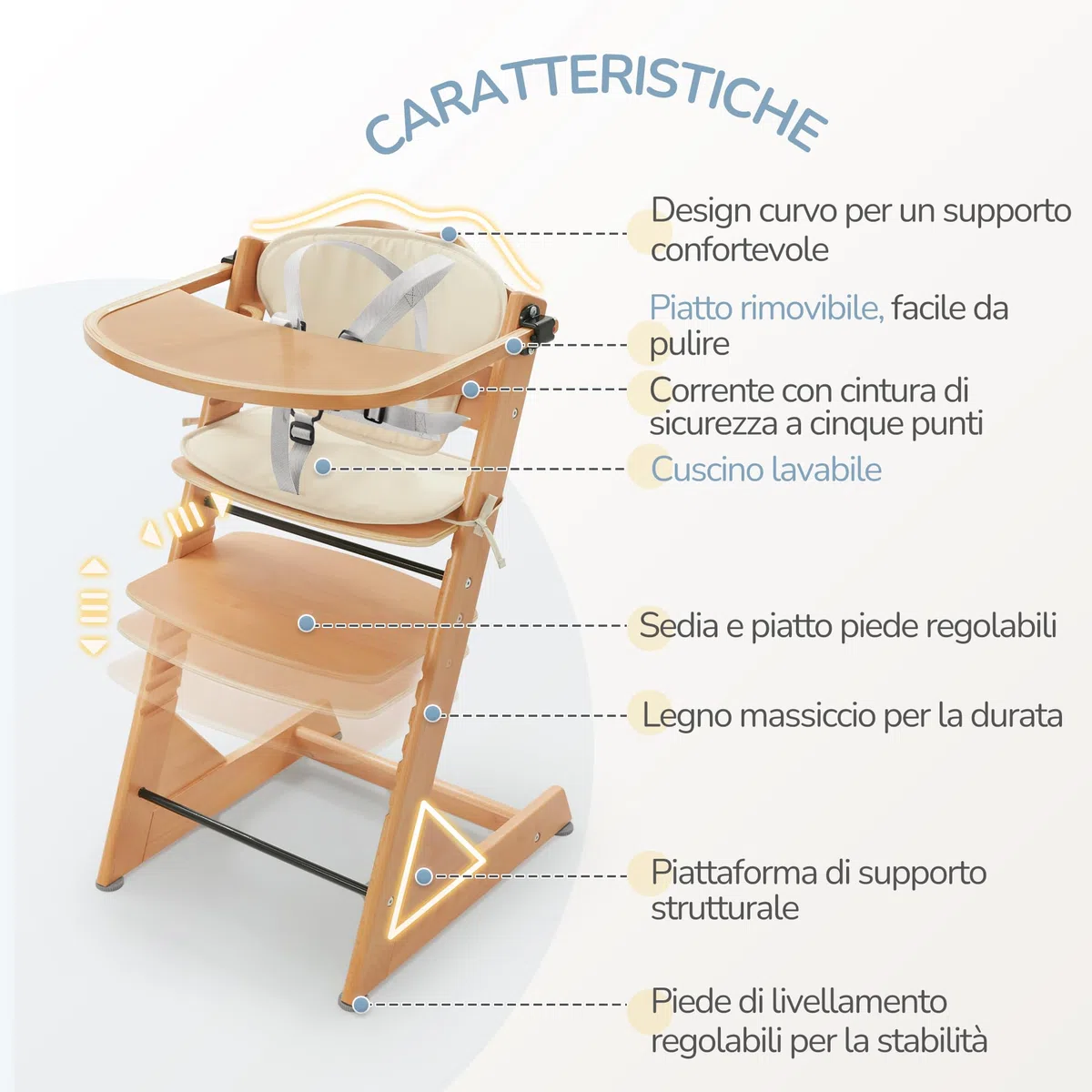 LUE BONA Seggiolone pappa,Evolutivo Seggiolino da Tavolo per bambini,Con Vassoio Rimovibile,Cuscino e Cintura di Sicurezza Pratico per Neonati e Bambini,Naturale