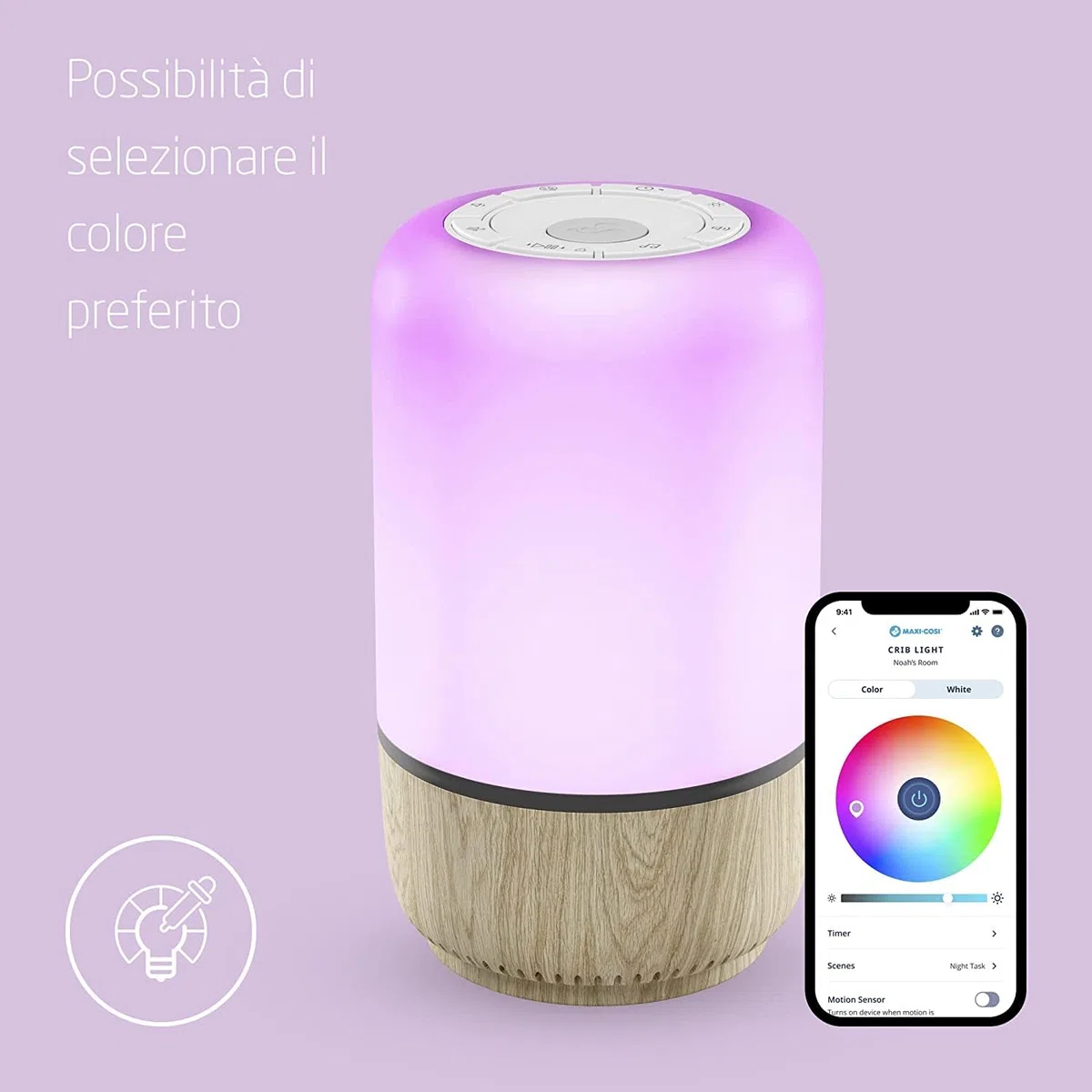 Maxi-Cosi Soothe Luce notturna intelligente per bambini con rumore bianco e musica, aiuta a sviluppare routine del sonno, attivabile con app o comando vocale, compatibile con Alexa e Google Home