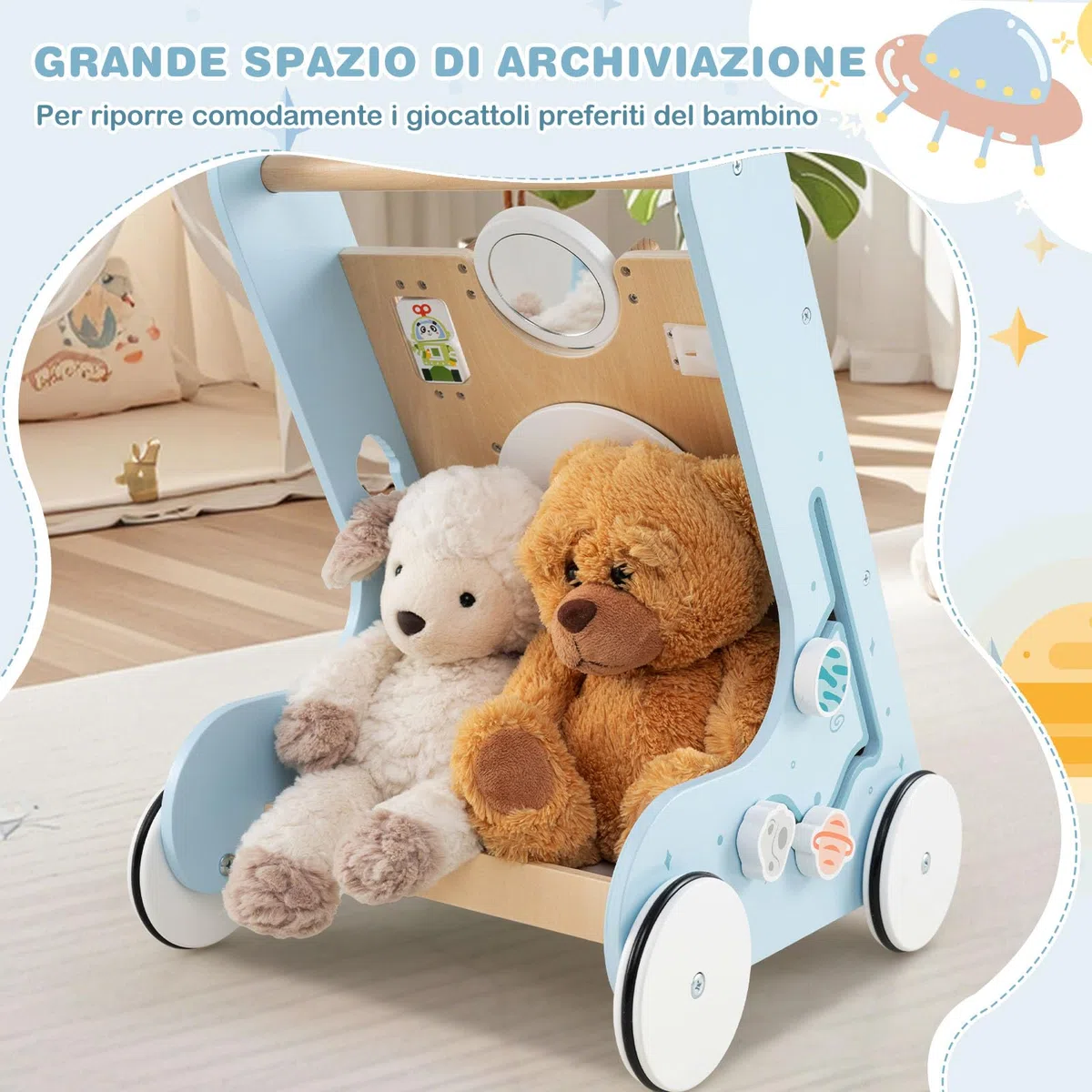 COSTWAY Carrellino Primi Passi 8 in 1, Girello in Legno per Bambini, Giocattolo Montessori, Centro Attività di Apprendimento a Spinta, Giocattolo a Spinta per Bambini di 1+ Anni (Blu)