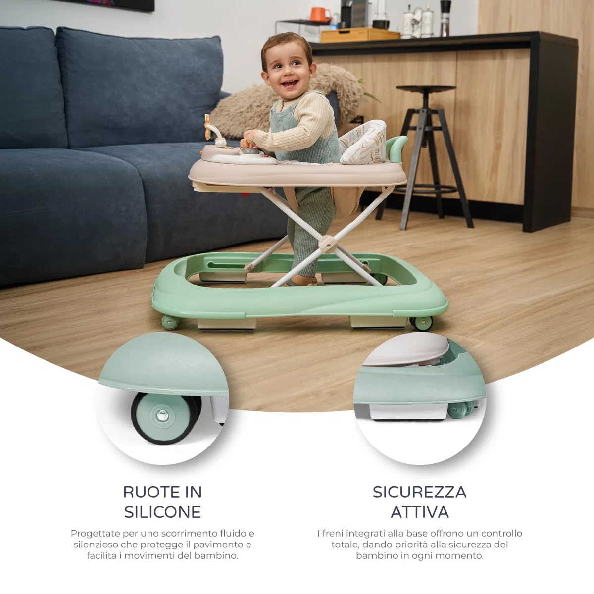 MS BabyWorld – Girello BASIC PLUS – Girello per Bambini con Vassoio Interattivo di Giochi con Suoni | Base Antiribaltamento | Tacatà con Ruote in Silicone e 3 Posizioni di Altezza
